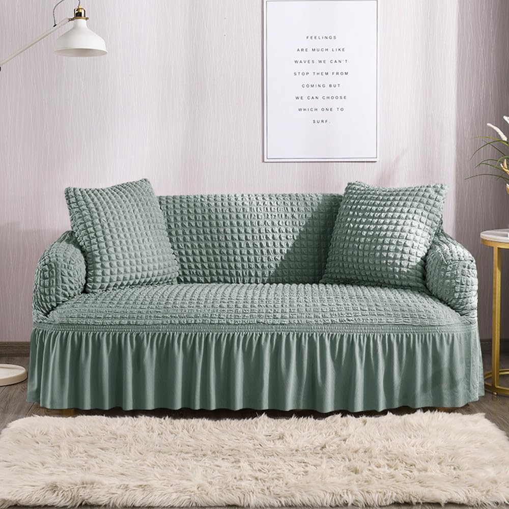 Housse canapé extensible seersucker 1 place vert matcha