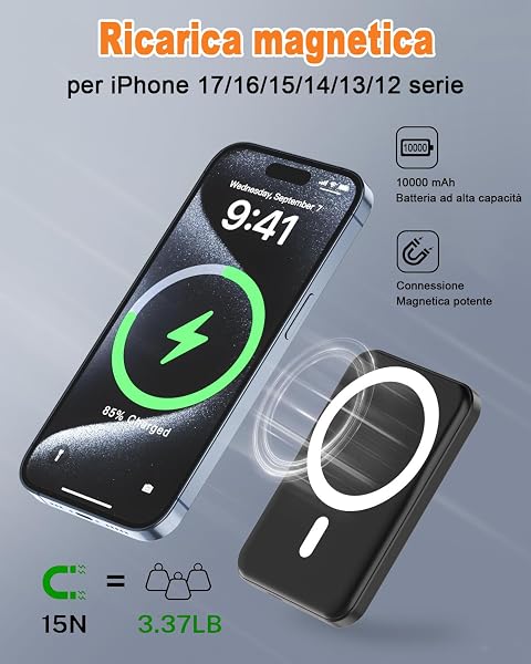 Power Bank Magnetico 10000mAh, Wireless Caricatore 20W Ricarica Rapida Powerbank, Caricabatterie Portatile per Magsafe, Battery Pack Wireless Batteria Esterna per iPhone 17 16 15 14 13 Pro Max Series - 4
