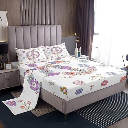 Feelyou Juego de sábanas de flores hippie retro, juego de sábanas de arte hippie de la paz, decoración de la habitación, signo de la paz, obras de