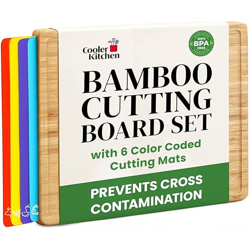 Cooler Kitchen Wooden Cutting Boards for Kitchen with 6 Flexible Plastic Mats - Meal Prep and Serving, Easy Clean Bamboo Cutting Board and Dishwasher Safe Plastic - Large Wood Cutting Board Set