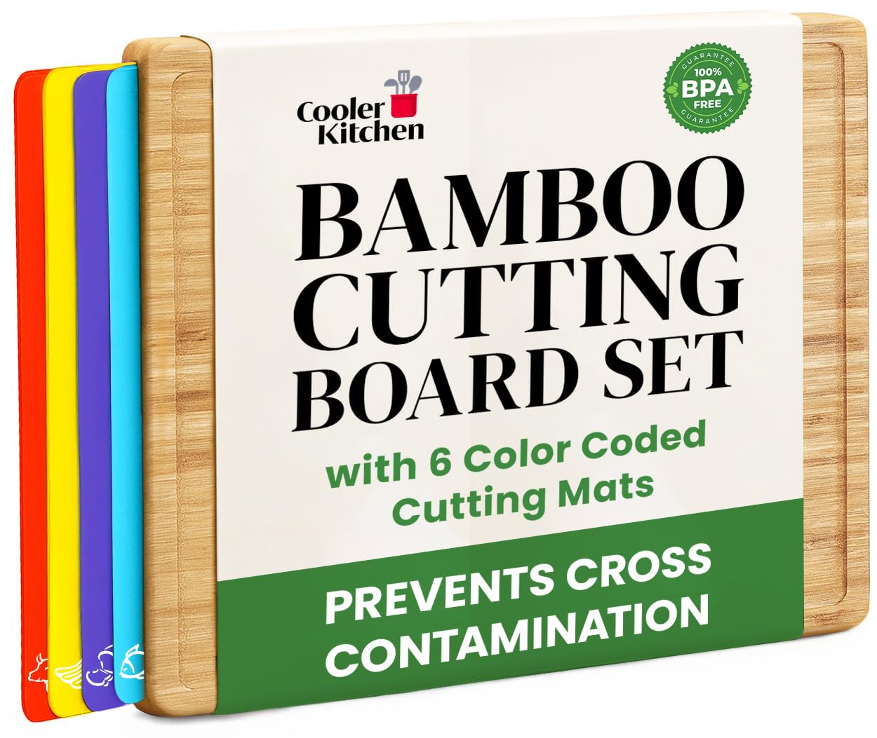 Cooler Kitchen Wooden Cutting Boards for Kitchen with 6 Flexible Plastic Mats - Meal Prep and Serving, Easy Clean Bamboo Cutting Board and Dishwasher Safe Plastic - Large Wood Cutting Board Set