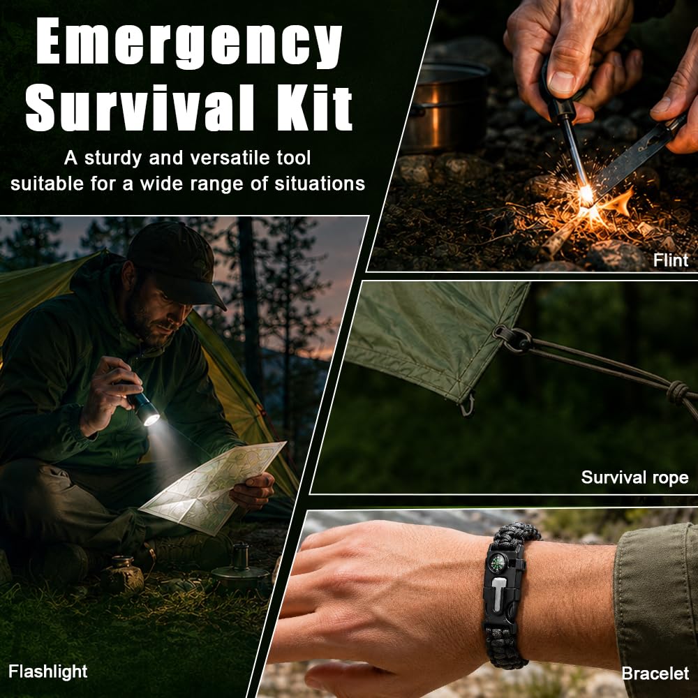 Kit de supervivencia de emergencia al aire libre con kit de primeros auxilios, 66 unidades de equipo de supervivencia al aire libre con multiherramienta, pala plegable, manta de rescate, kit de