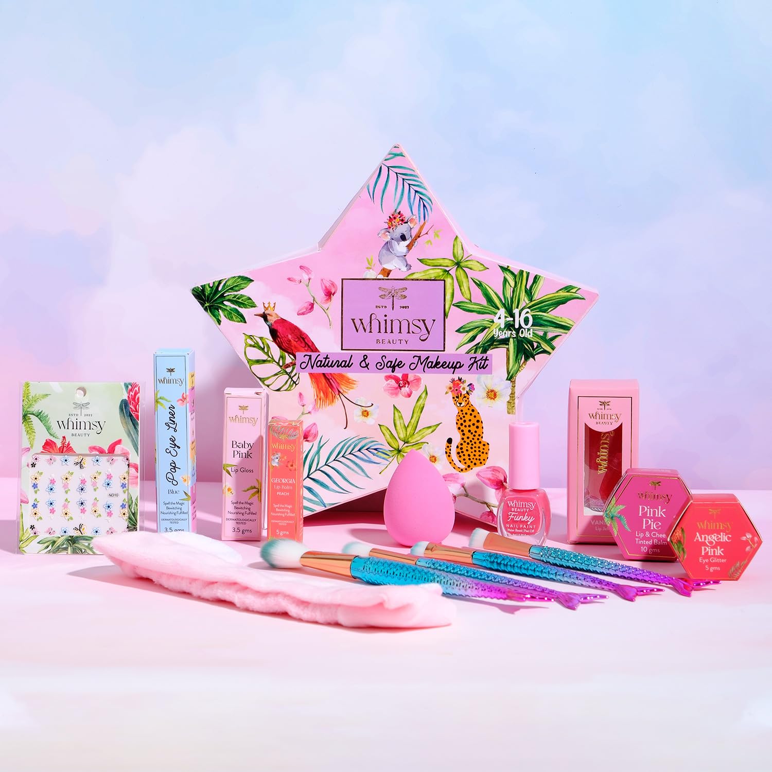 Whimsy 12 Pcs Organic Beauty Kit for Girls | Safe Makeup Kit | Birthday Gift for 4 5 6 7 8 9 10 11 12-16 Years Old | Non-Toxic Kids Lip balm, Eye Glitter, Eye Liner, Kids Lip Gloss & Mermaid Accessor