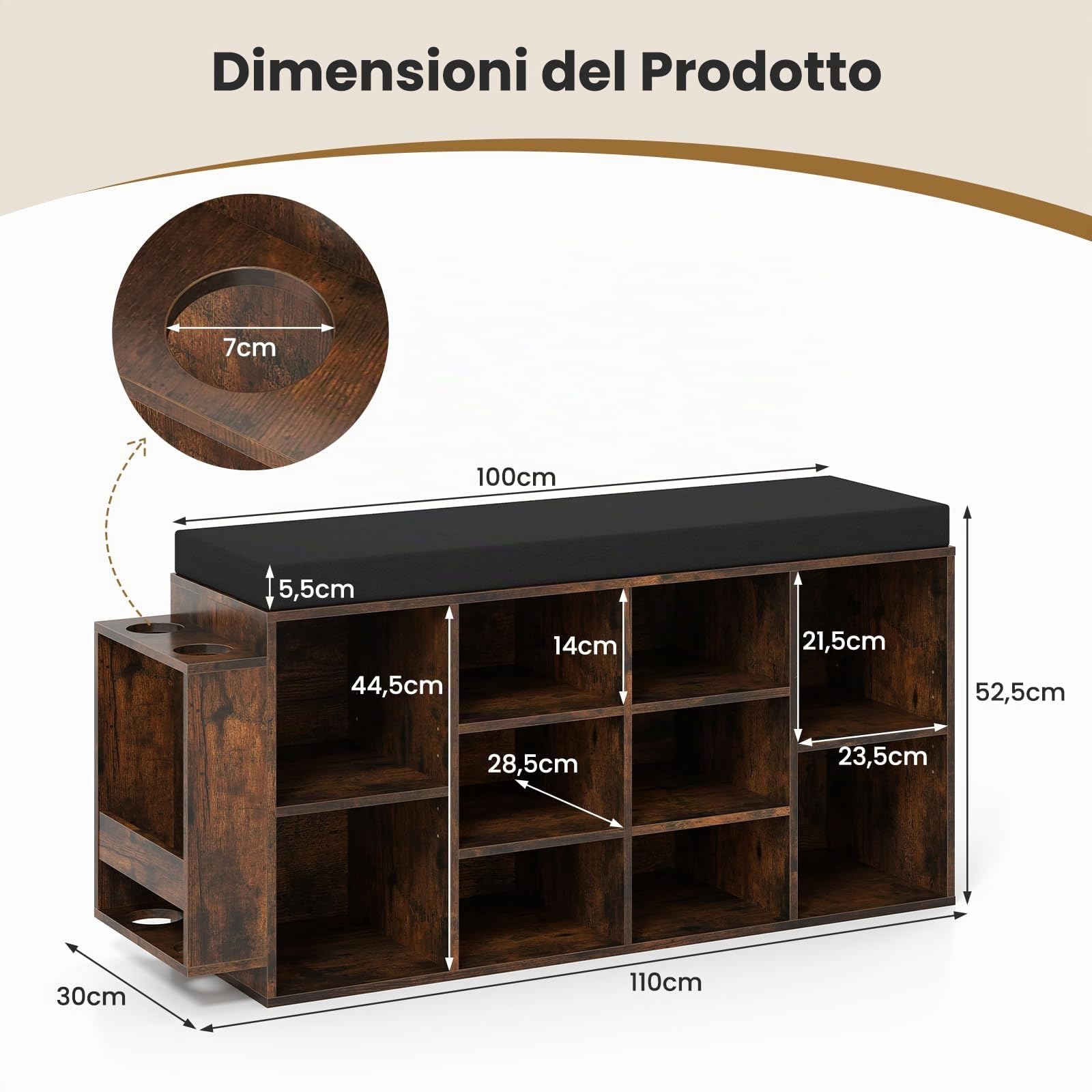 COSTWAY Panca Porta Scarpe con Portaombrelli, Scarpiera da Ingresso a 10 Scomparti con Seduta Imbottita, Ripiani Regolabili e Removibili per Corridoio, Soggiorno e Camera da Letto (Marrone)