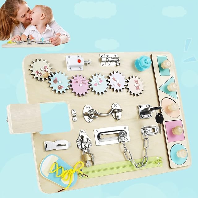 JTWEB Toddler Montessori Busy Board, Wooden Sensory Board Toys Portable Locks Latches Board Children Preschool Learning Activities Board Early Educational Toys Great Gift for 1-2 Years Old Boys Girls