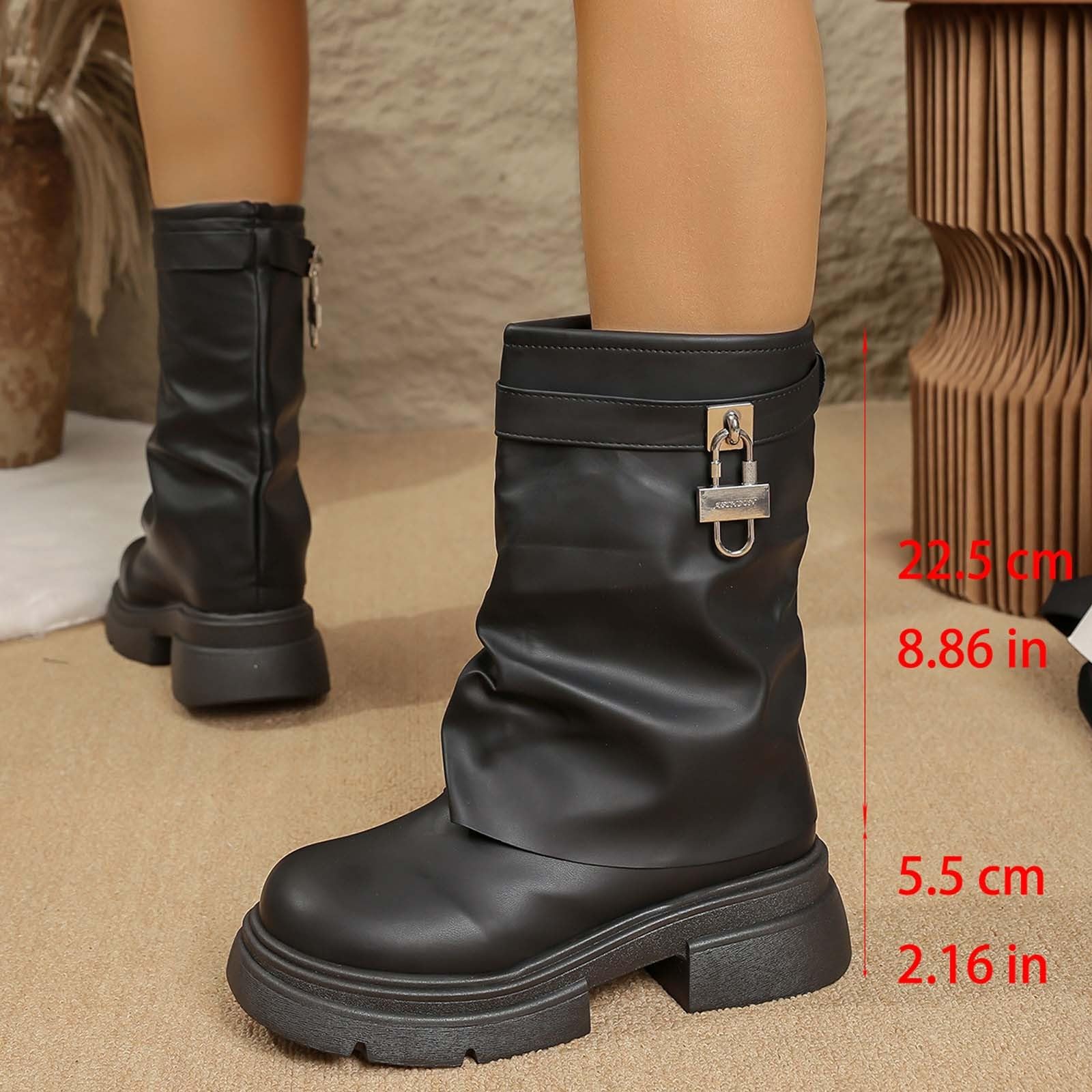 Botines de tacón grueso para mujer, estilo retro, versátiles, hasta la pantorrilla