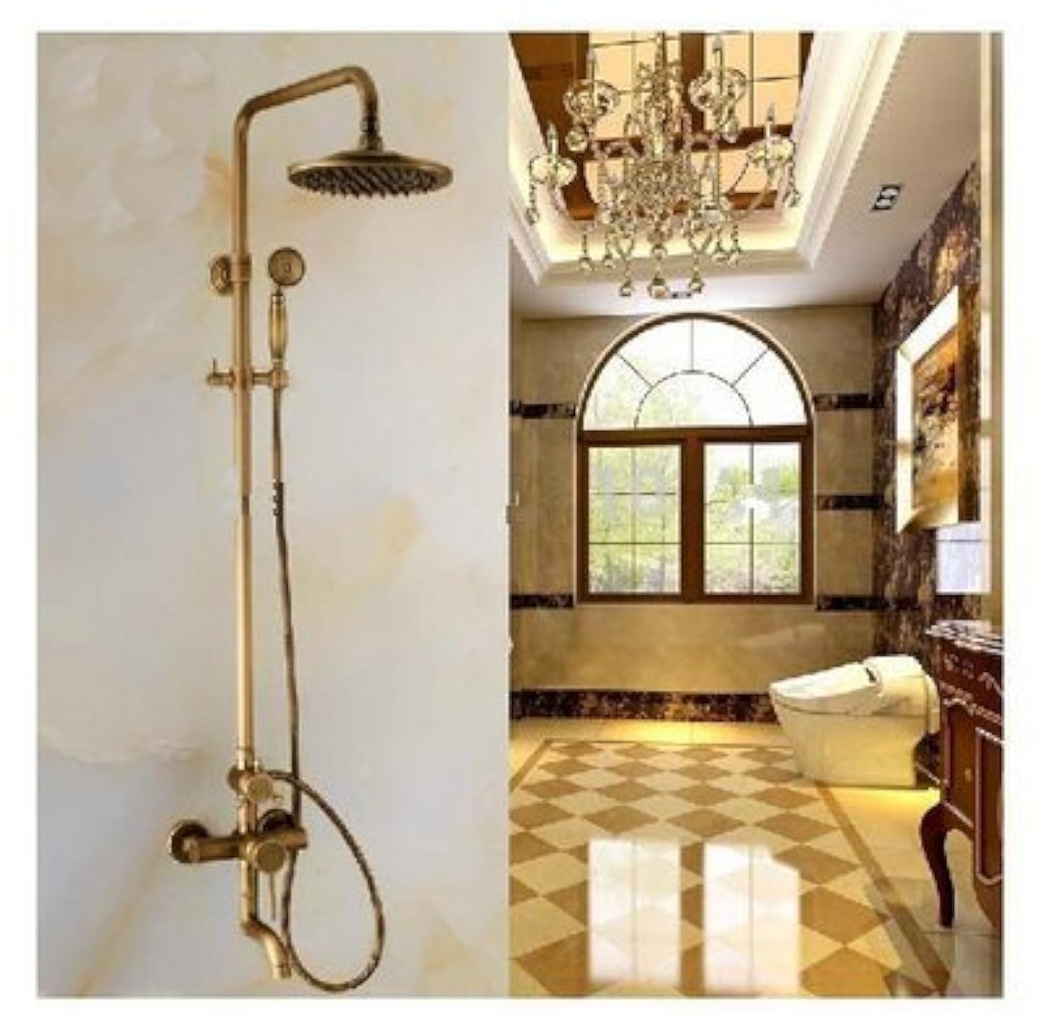 Pommeau de douche pluie et mitigeur laiton antique pour une ambiance spa