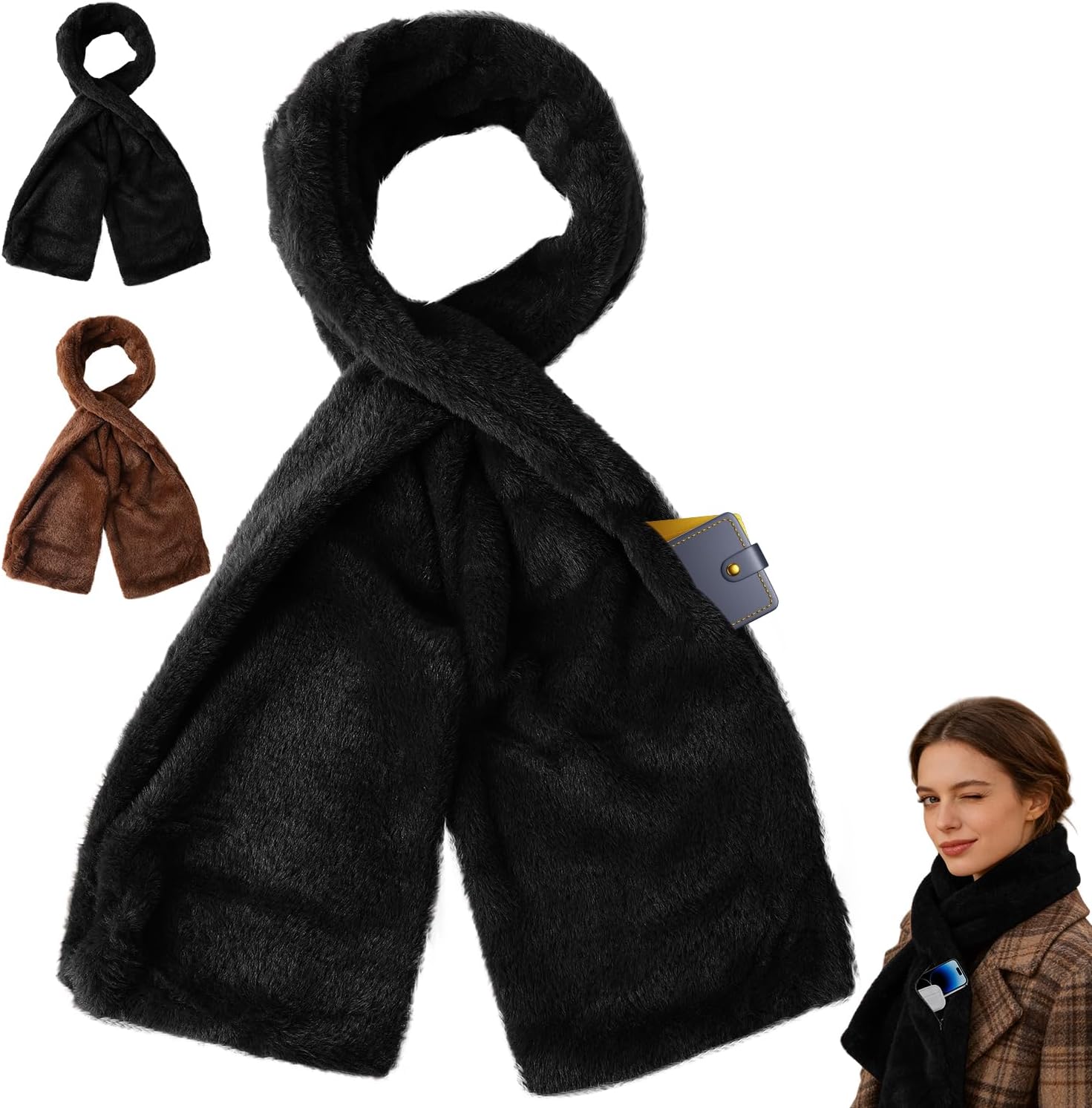 Faux-Fur Pull Through Scarf With Hidden Zipper Pocket, Fur Neck Collar Scarf, Cozy Wrap