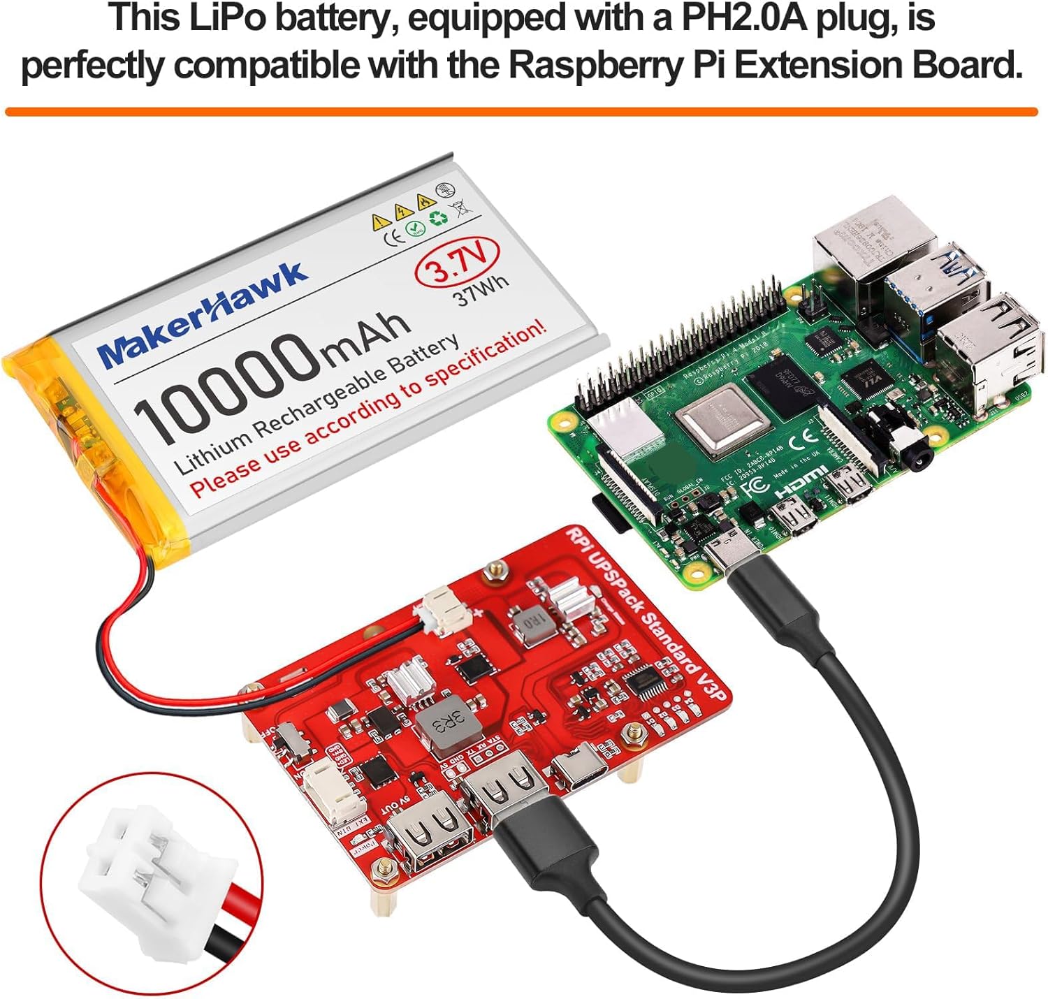 MakerHawk 3.7V 10000mAh LiPo Battery Rechargeable 1S 3C Lithium Polymer Batteries with Protection Board Insulated Rubber Tape, PH2.0 Plug for Arduino ESP32 Board RPI UPS (2 Pack)