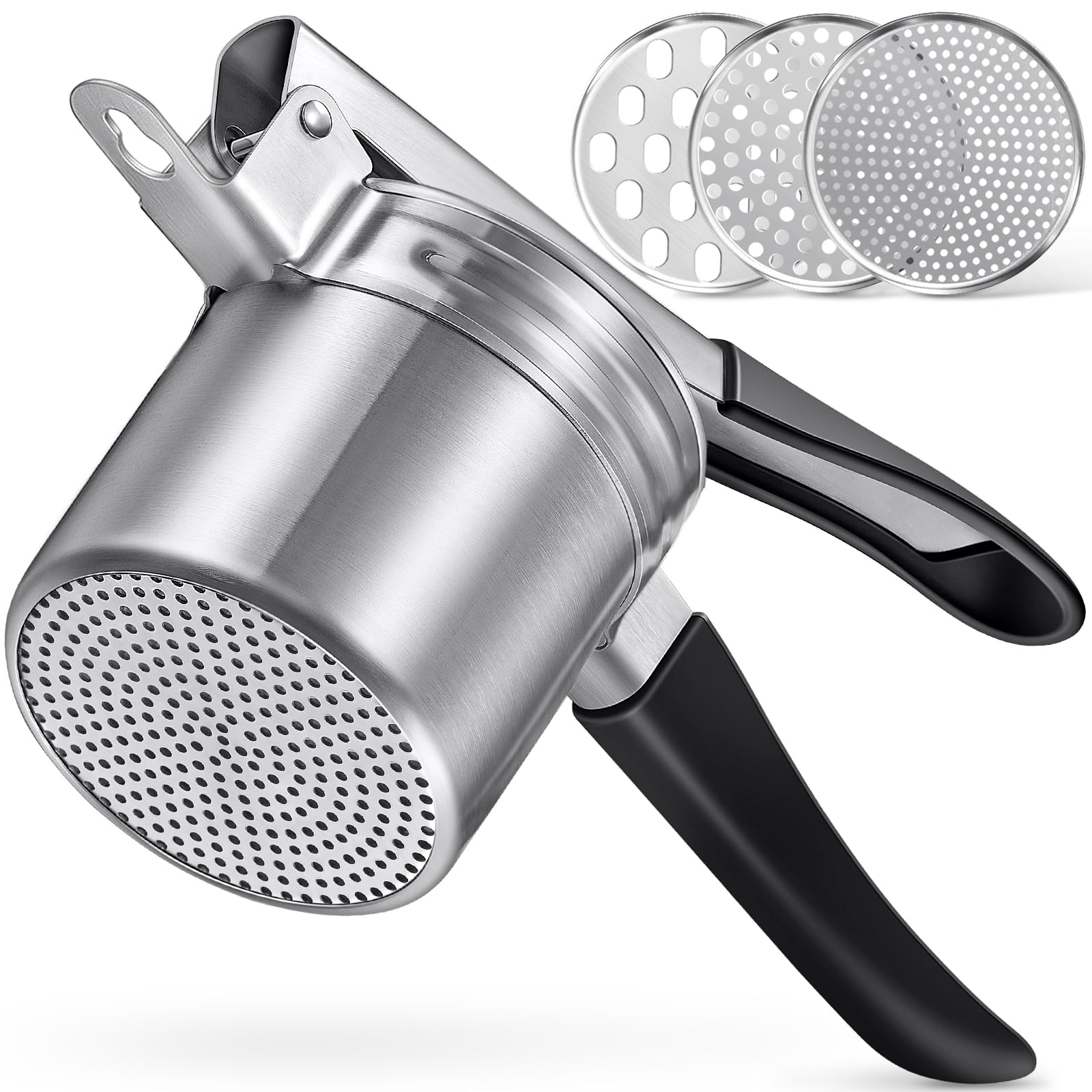 Sopito Potato Ricer, 15oz Stainless Steel Potato Masher with 3 Interchangeable Discs, Heavy Duty Food Press for Vegetable, Fruit, Silver