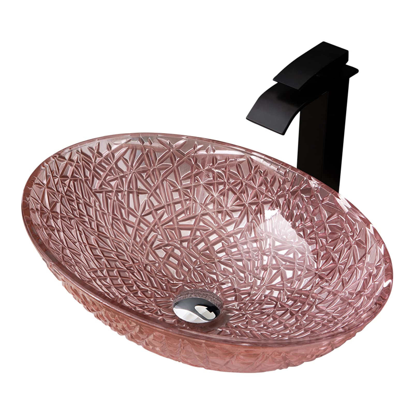 Vasque en verre cristal rose ovale sur plan avec robinet cascade et bonde en laiton
