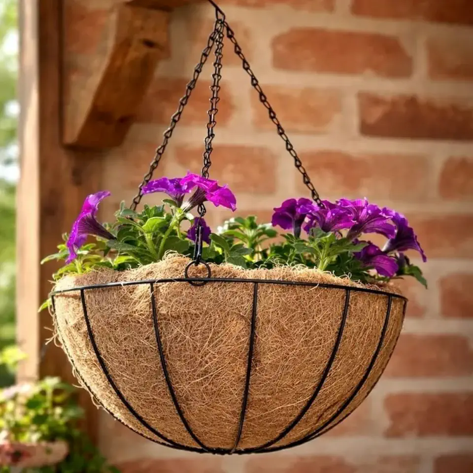 Vaso Suspenso de Fibra de Coco Natural com Corrente e Gancho, 20cm de Diâmetro, Suporte Metálico para Plantas Pendentes, Decoração Rústica para Jardim e Varanda (1)