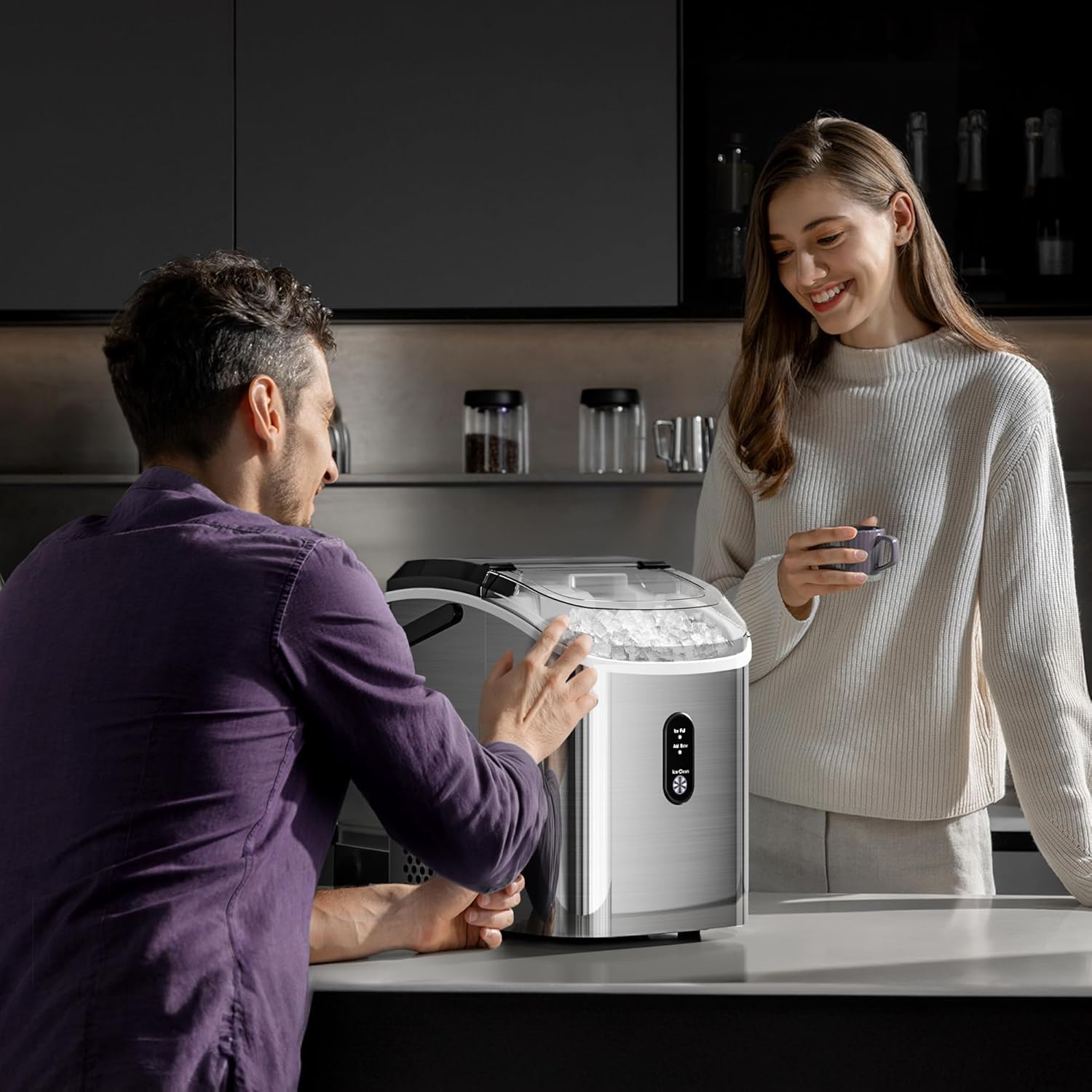 Kismile Nugget Ice Makers Countertop,35Lbs/24H,Portable Sonic Ice Machine with Self-Cleaning,One-Click Operation for Home/Office(Stainless Steels Silver)