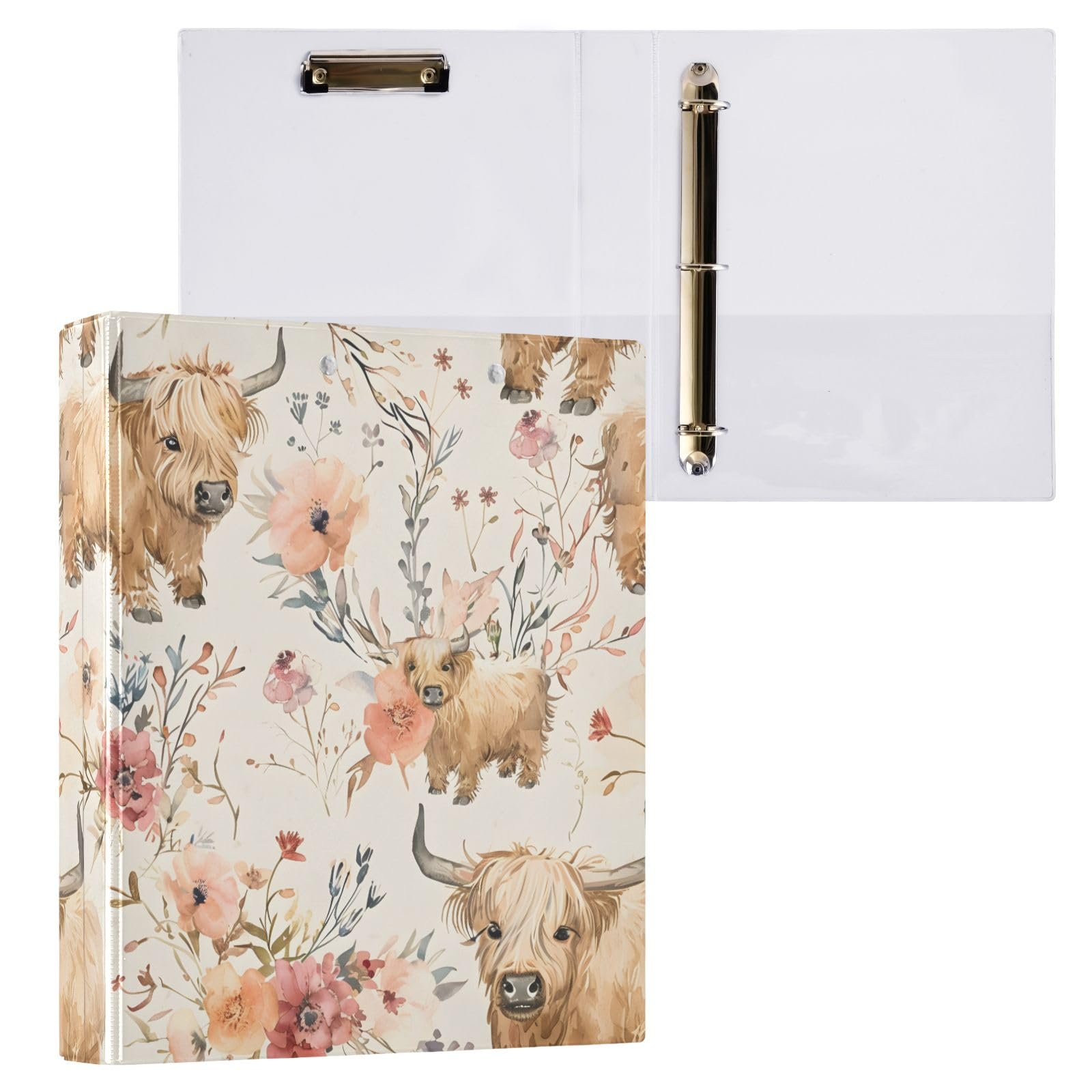 Cute Highland Cows 3 Ring Binders with Clipboard File Folder for Office School with Pocket