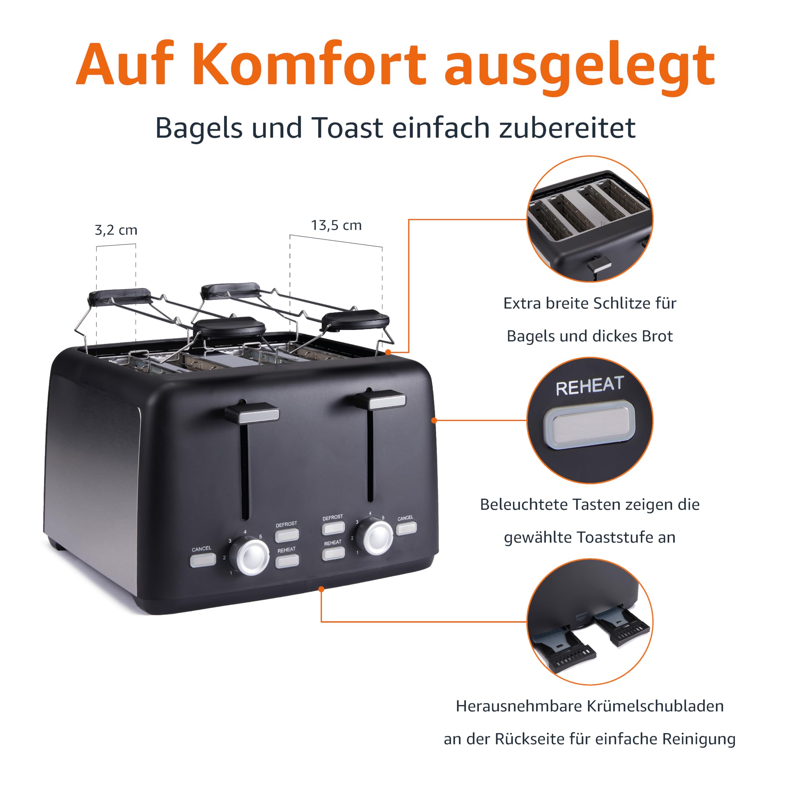 Amazon Basics 4-Scheiben Toaster mit 7 Bräunungsstufen und Herausnehmbarer Krümelschublade, Extra Breite Schlitze, 1500W, Schwarz