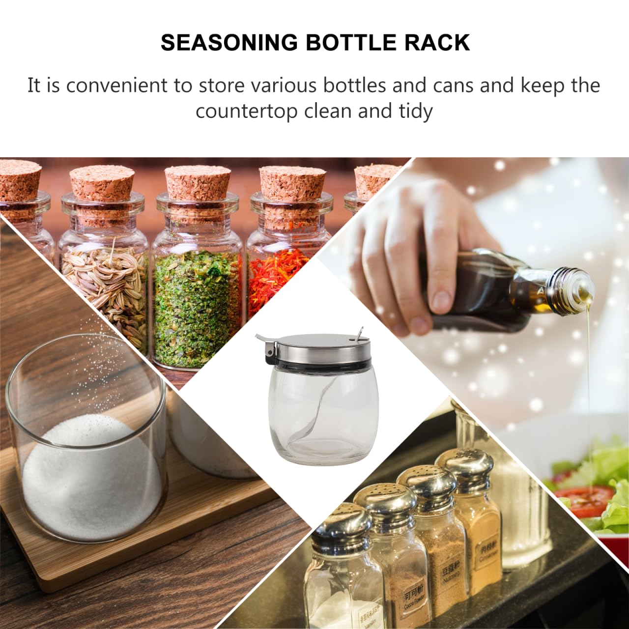 2 tarros redondos de vidrio para especias con tapas y cucharas de acero inoxidable, recipientes versátiles para condimentos para almacenamiento de sal, pimienta y condimentos en cocina, café y 6