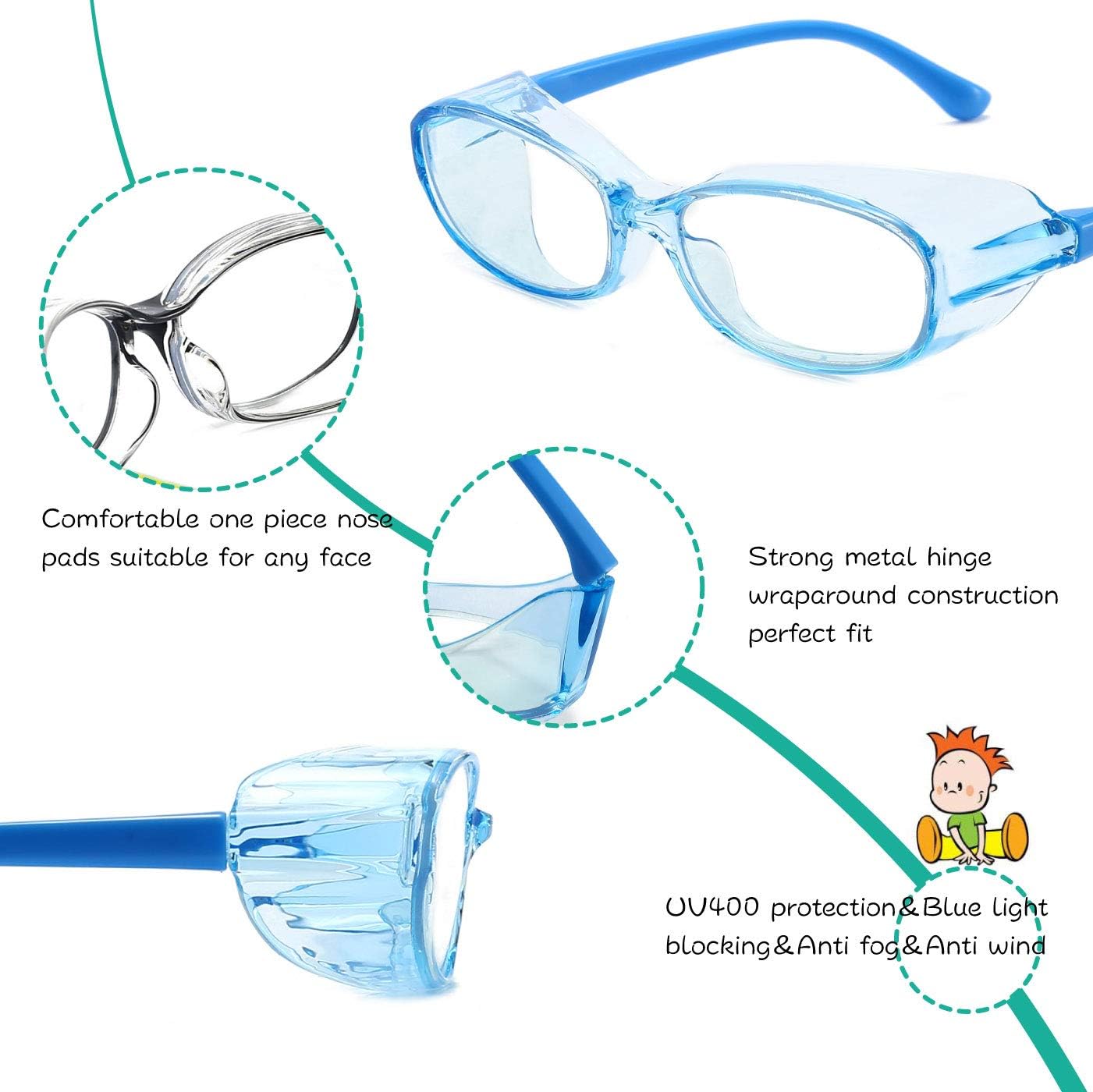 Dollger Safety Glasses Goggles Anti Fog Eye Protection Blue Light Blocking lens Side Shield Anti Pollen Soft TR90 for Boys Girls(Blue) image 4