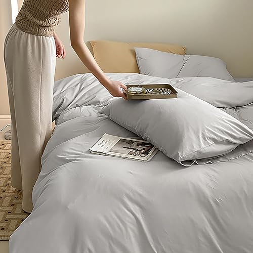 Miniatura 2 de Luxlovery Juego de edredón de tamaño matrimonial de algodón gris plateado, tamaño matrimonial, juego de ropa de cama de algodón gris claro, para