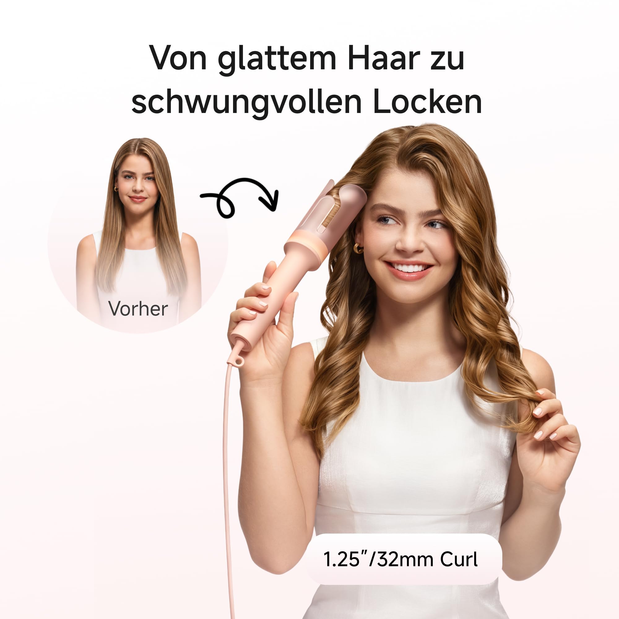 Laifen AutoCurl Lockenstab, Automatischer Lockenstyler, 32 mm, Rosa | Automatische Haarerkennung, Anti-Verheddern, Innen- & Außenlocken, 2 Modi, 200M Ionen, 3 Temperaturen, Auto-Off, Dual Voltage