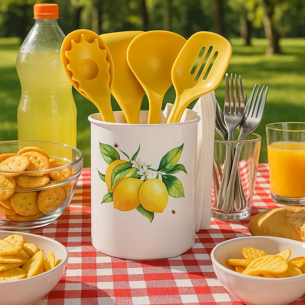 Reston Lloyd 6 Piece Kitchen Utensil Holder for kitchen counter, Utensils crock with Heat Resistant Spoon, Slotted Spoon, Ladle, Spatula BPA Free, Fresh Lemons