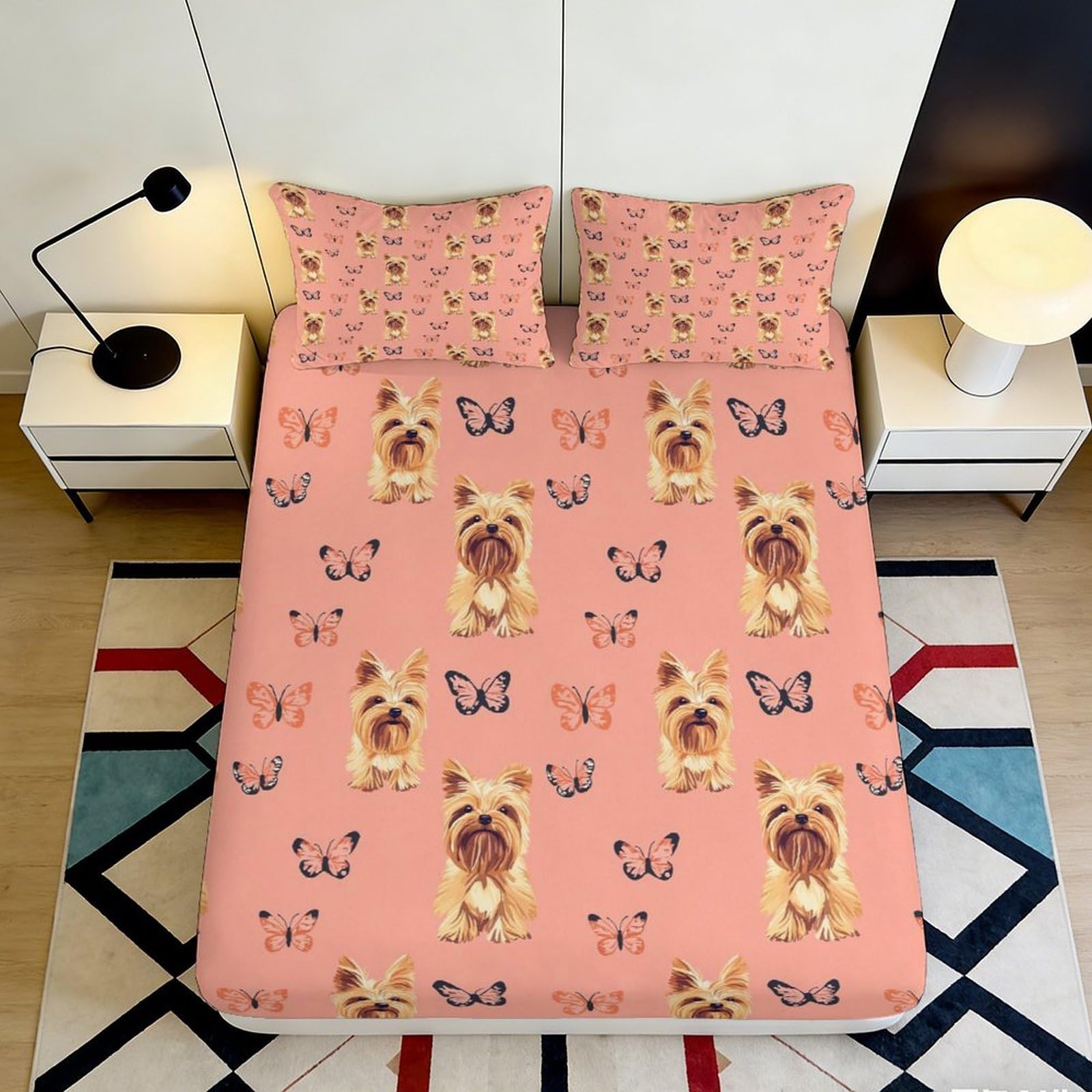 3D Printed Yorkshire Terrier Pattern Fitted Sheet Microfiber Soft Breathable Butterfly Bed Cover for Bedroom Dormitory Guest Room Mattress Protection 200x200x25cm