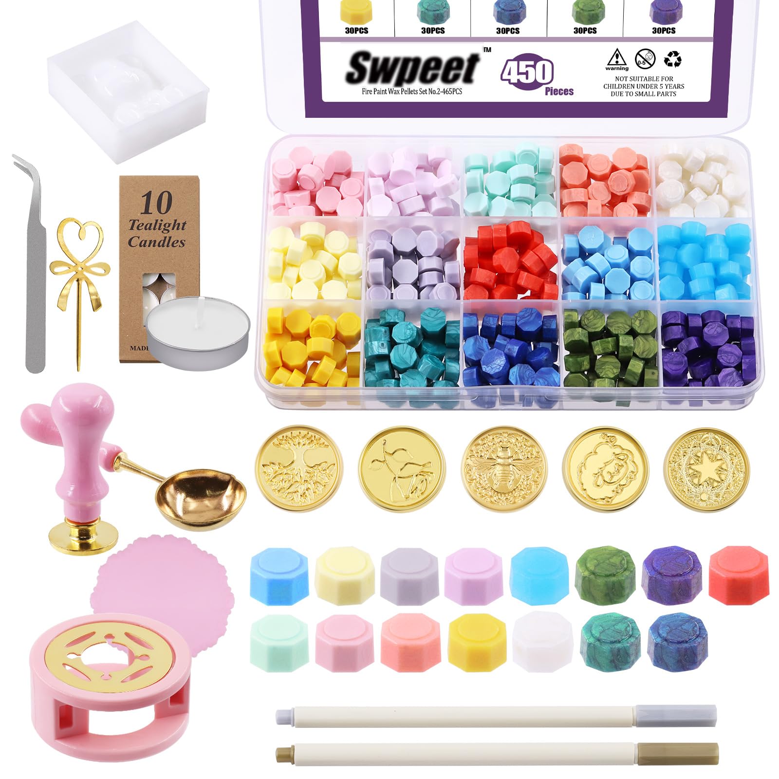 Swpeet 465Pcs Wax Seal Stamp Kit - Vintage Envelopes and Tealight Candles for Envelopes Letter Sealing Invitation Cards