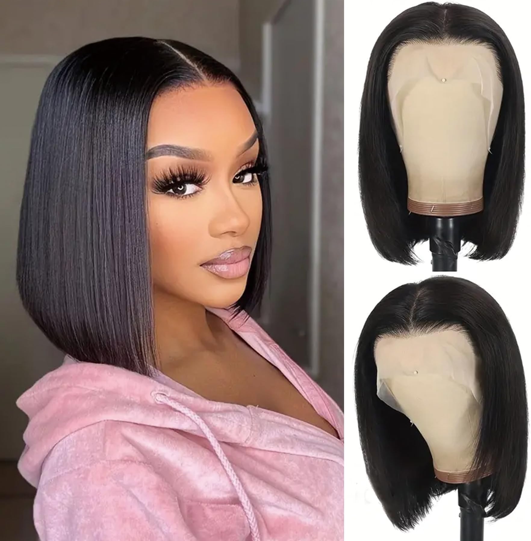 10 Inch Bob Wig Human Hair 13x4 HD Lace Front Wigs Human Hair Pre Plucked Short Bob Wig Lace Frontal Wigs for Black Women 180% Density Glueless Straight Human Hair Wig Natural Color
