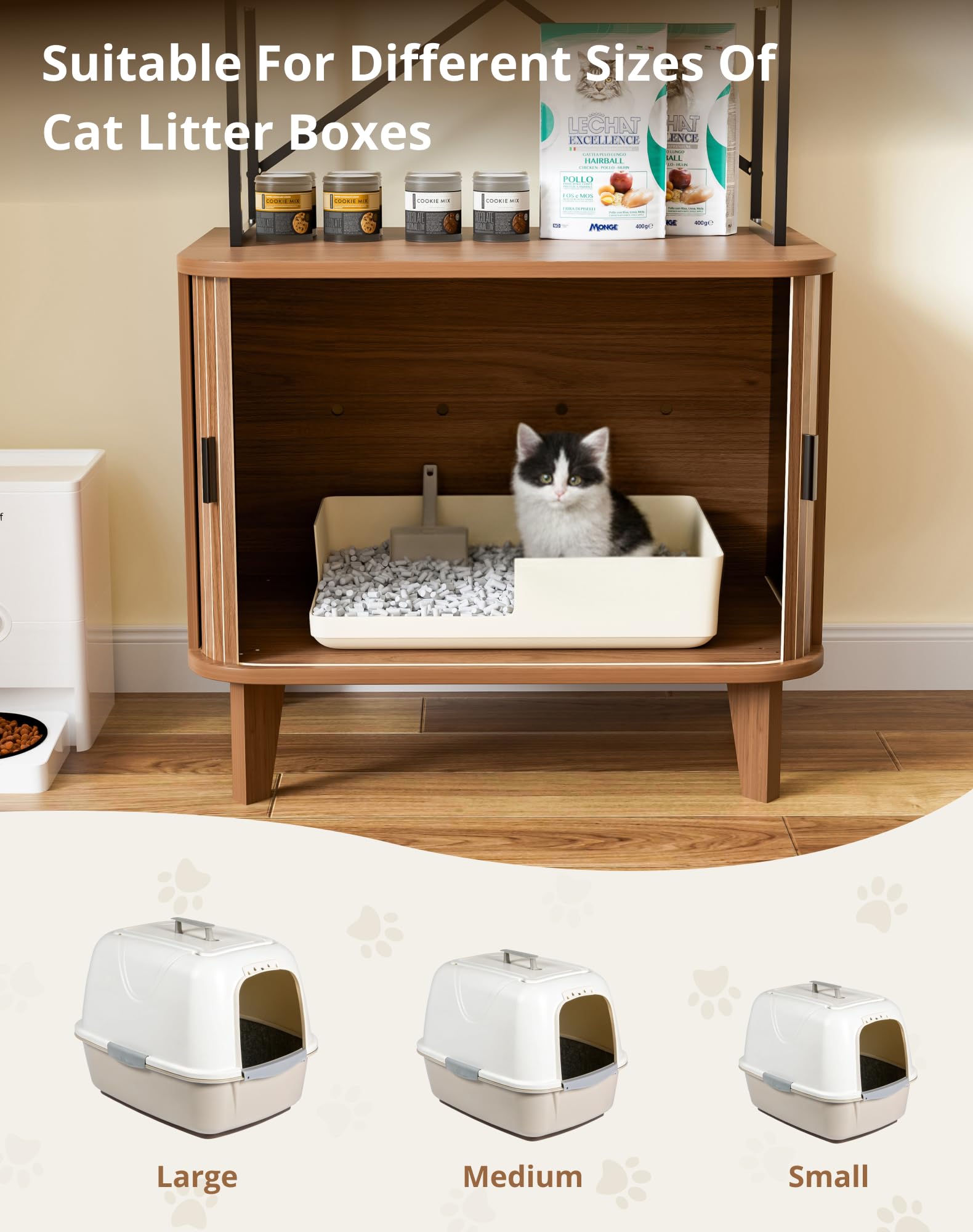 31.5" Cat Litter Box Enclosure,Hidden Litter Box Furniture with 2-Tier Storage Shelves,Wooden Cat Washroom and Pet House with Sliding Tambour Door for Living Room,Walnut - image 5