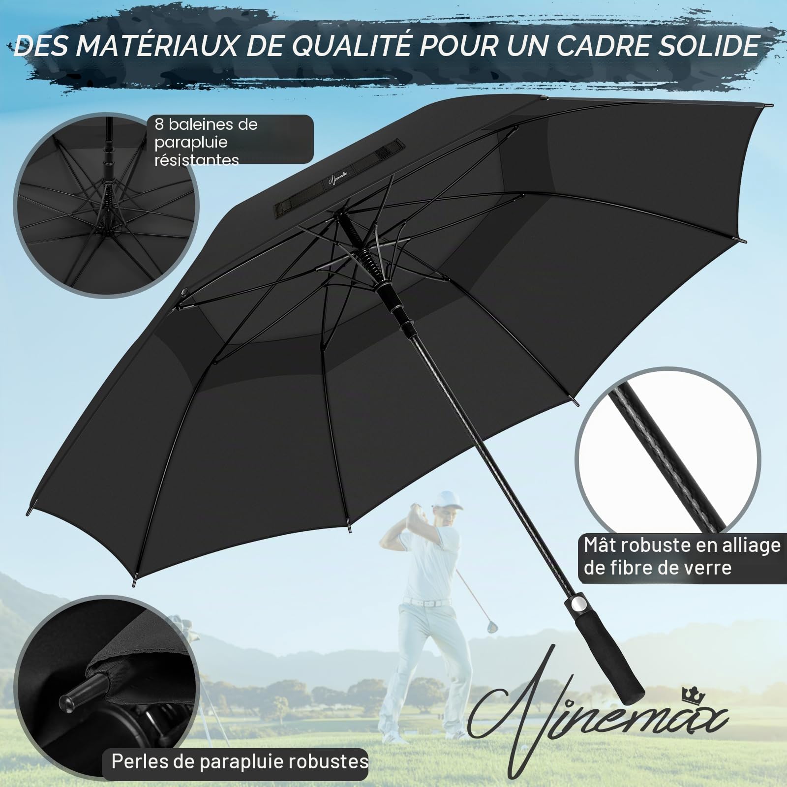 NINEMAX Grand Parapluie Golf, Ombrelle Grande Taille Anti Vent Solide
