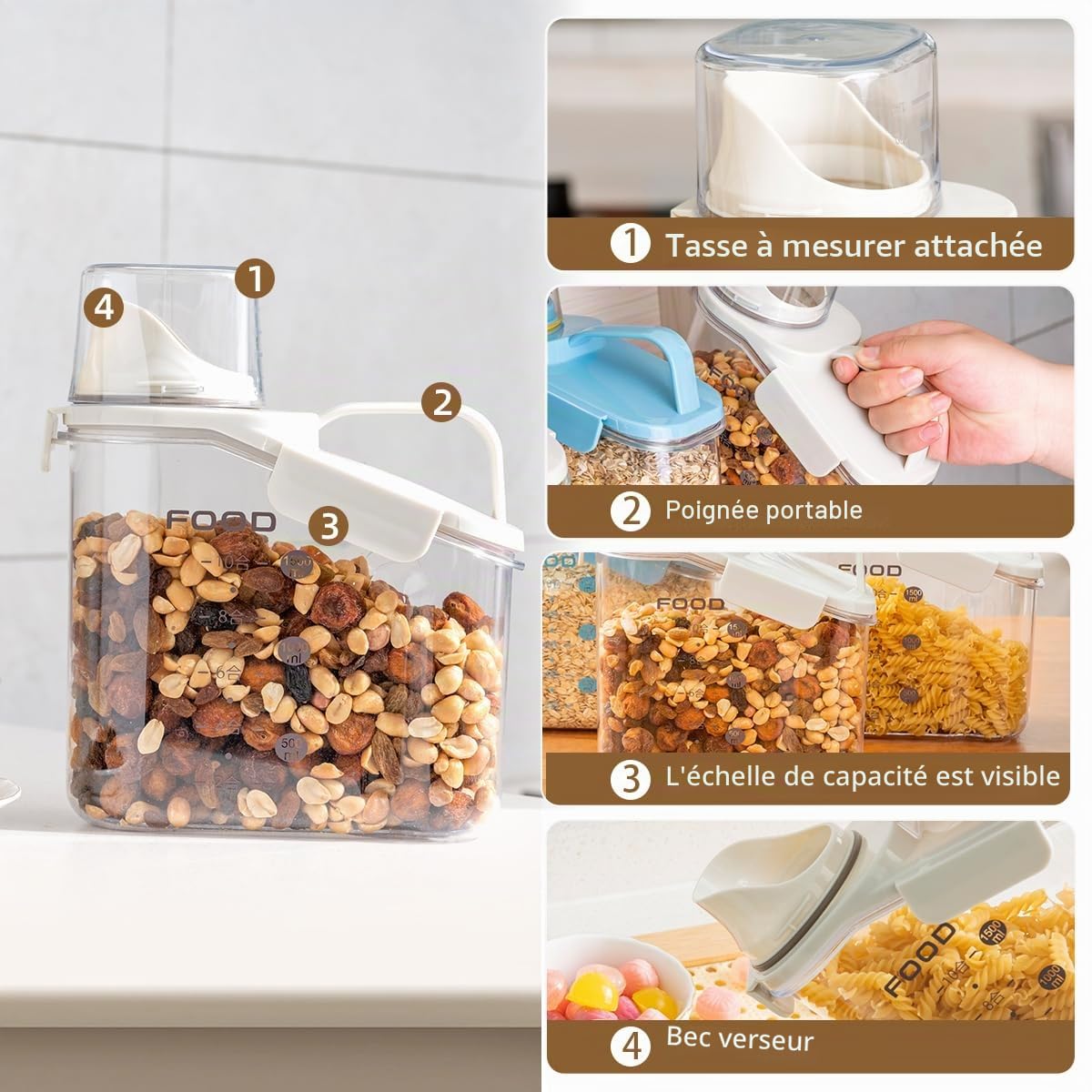 Bocaux Rangement Cuisine, Boite Cereales Hermétiques en Plastique avec Couvercle, Boite Hermetique Alimentaire pour le Stockage des Céréales Grains Aliments Secs Farine Sucre Riz, Sans BPA, 1.5L