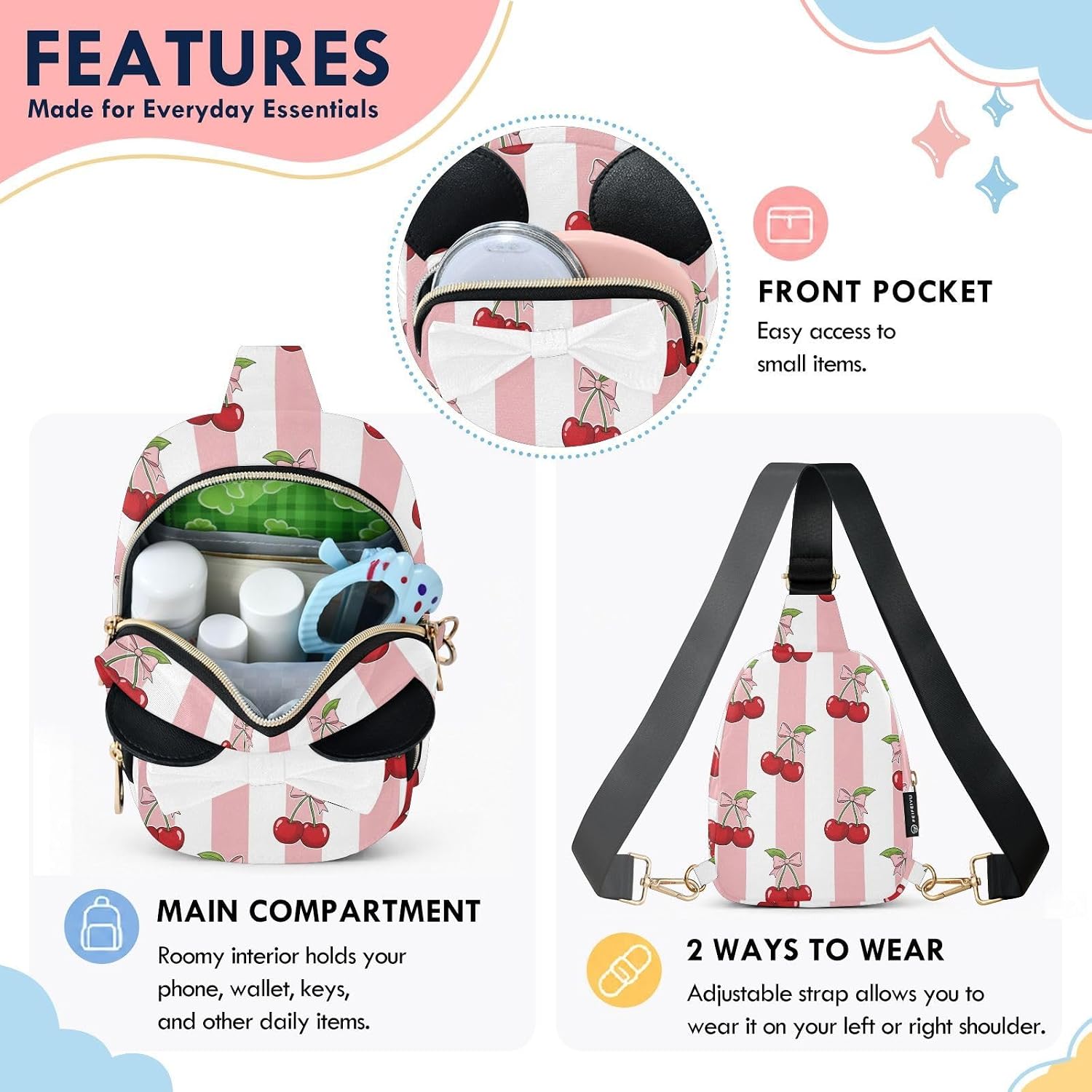Sinestour Cherries Kids Crossbody Bags for Girls, 7.5"x5.7"x3.1" | Crossbody Fanny Pack, Toddler Purse, Cute Sling Belt Bag with Ears, 2L Small Shoulder Chest Bag for Travel