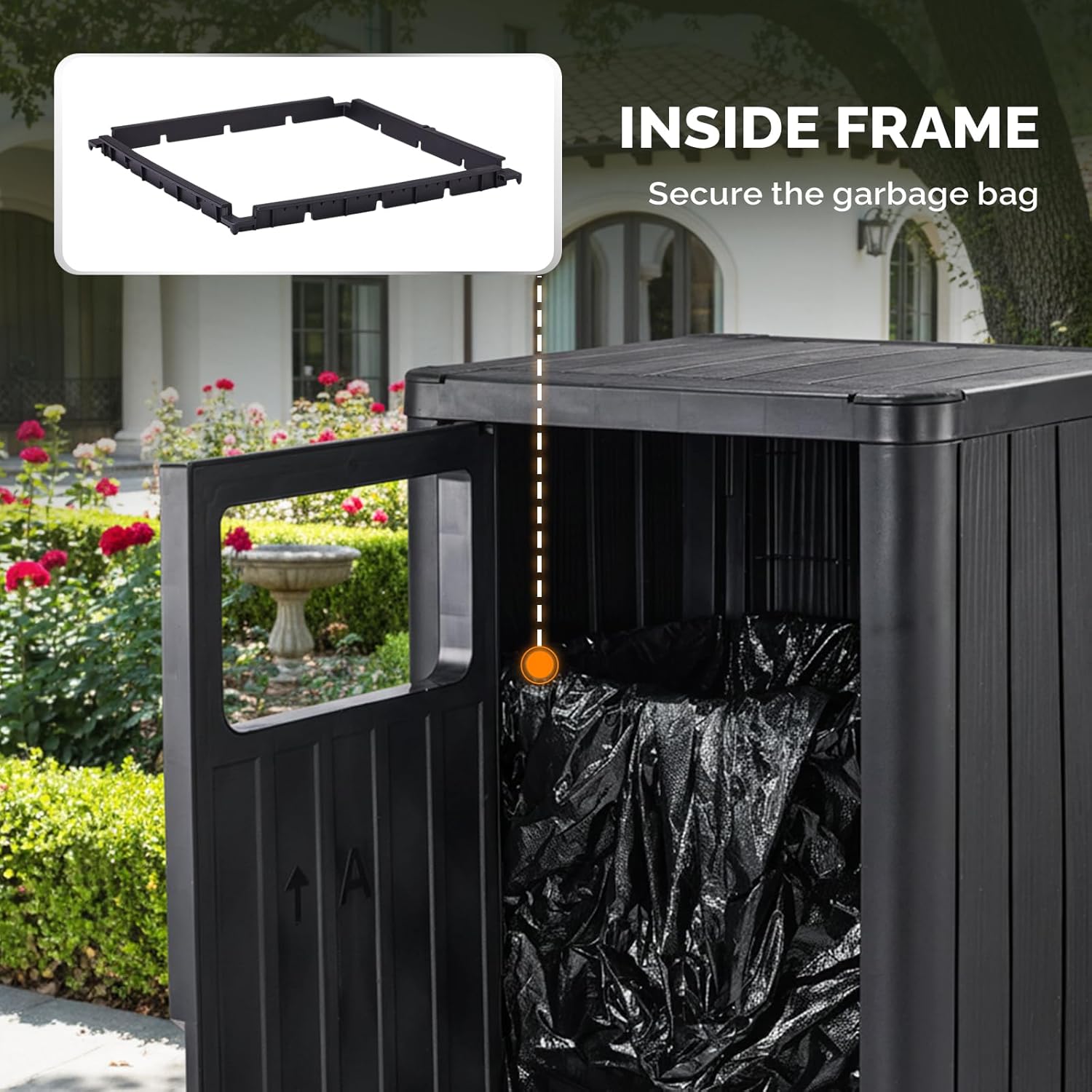 VINGLI 21 Gallon Outdoor Trash Can with Front Throw Opening, Black PP Resin Garbage Bin with Access Door for Easy Bag Change, Waterproof Patio Waste Container for Backyard, Deck, Porch, Garden