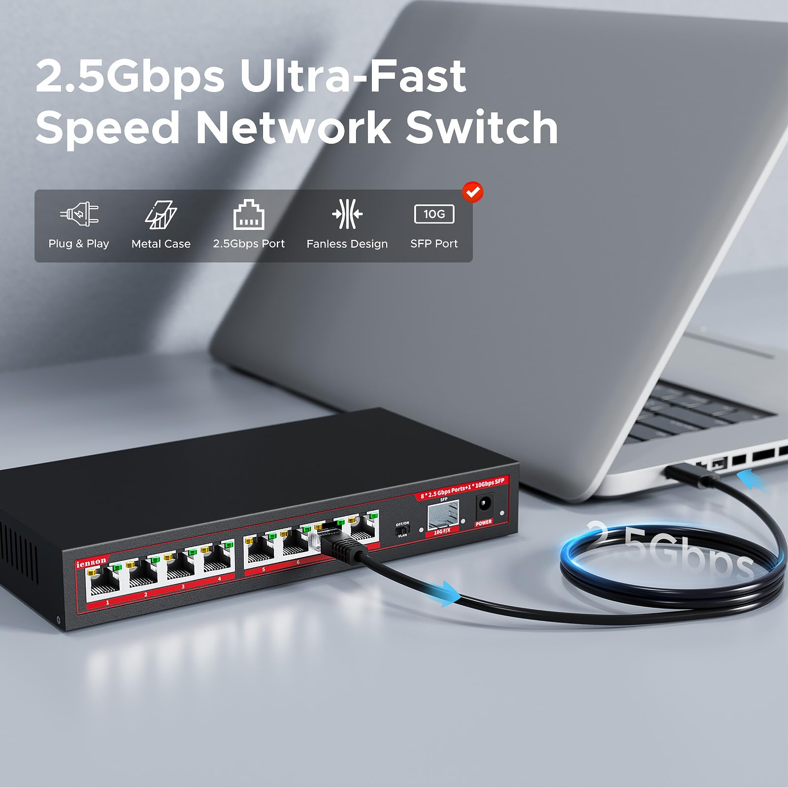 Przełącznik 2,5 G, 9 portów, z 8 portami 2,5 GB i gniazdem SFP 1x10G, funkcja VLAN, Ethernet, przełącznik sieciowy Gigabit, pojemność 60 Gb/s, rozdzielacz | Plug & Play | Metalowa konstrukcja