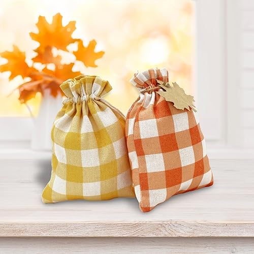 Miniatura 7 de Whaline Paquete de 25 bolsas de arpillera de otoño con tarjetas de arce, bolsas con cordón a cuadros, bolsas de regalo a cuadros de color otoño,