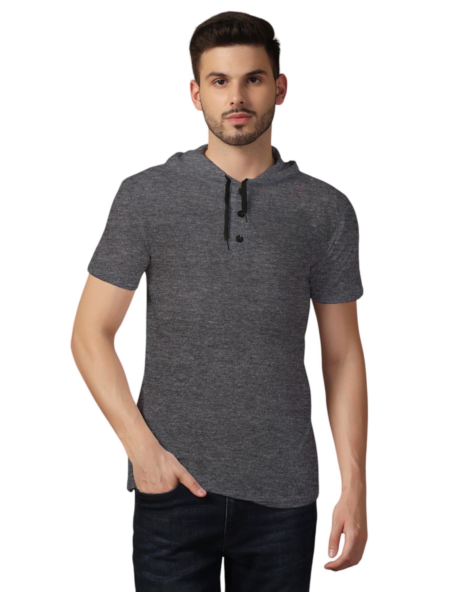 blisstone Men's Short Sleeve Hoodie T-Shirt with Button Placket | Casual Summer Hooded Tee-picture-32