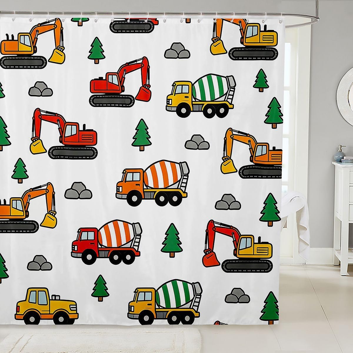 Feelyou Excavator Shower Curtain for Bathroom Decor Cartoon Truck Cars Bath Curtain for Stalls Bathtubs White Bathroom Accessories Waterproof Polyester Fabric with 12 Hooks 72"x78"