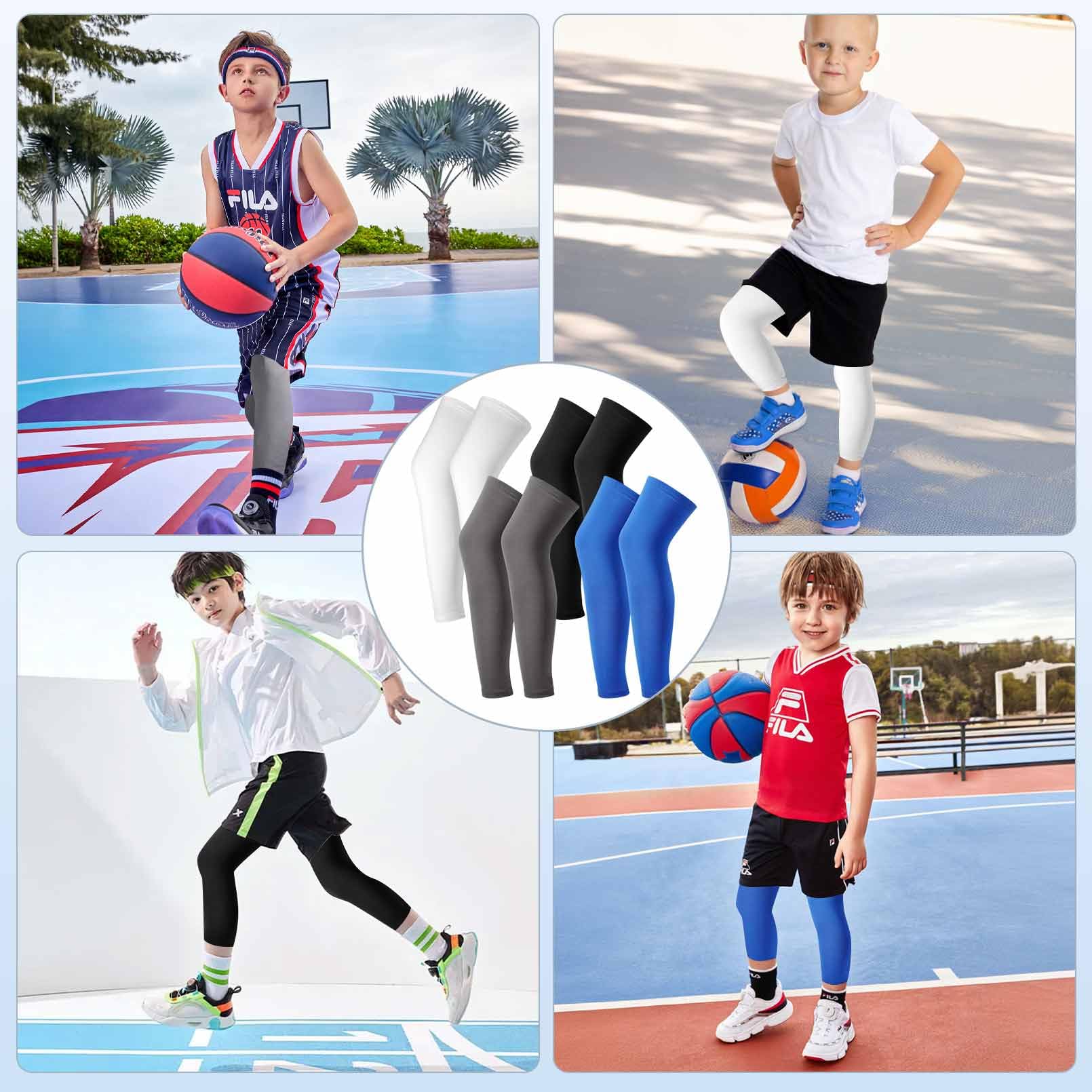 4 pares de mangas de compresión para las piernas infantiles, mangas largas de compresión para las piernas, protección solar UV, para niños y niñas, baloncesto, fútbol