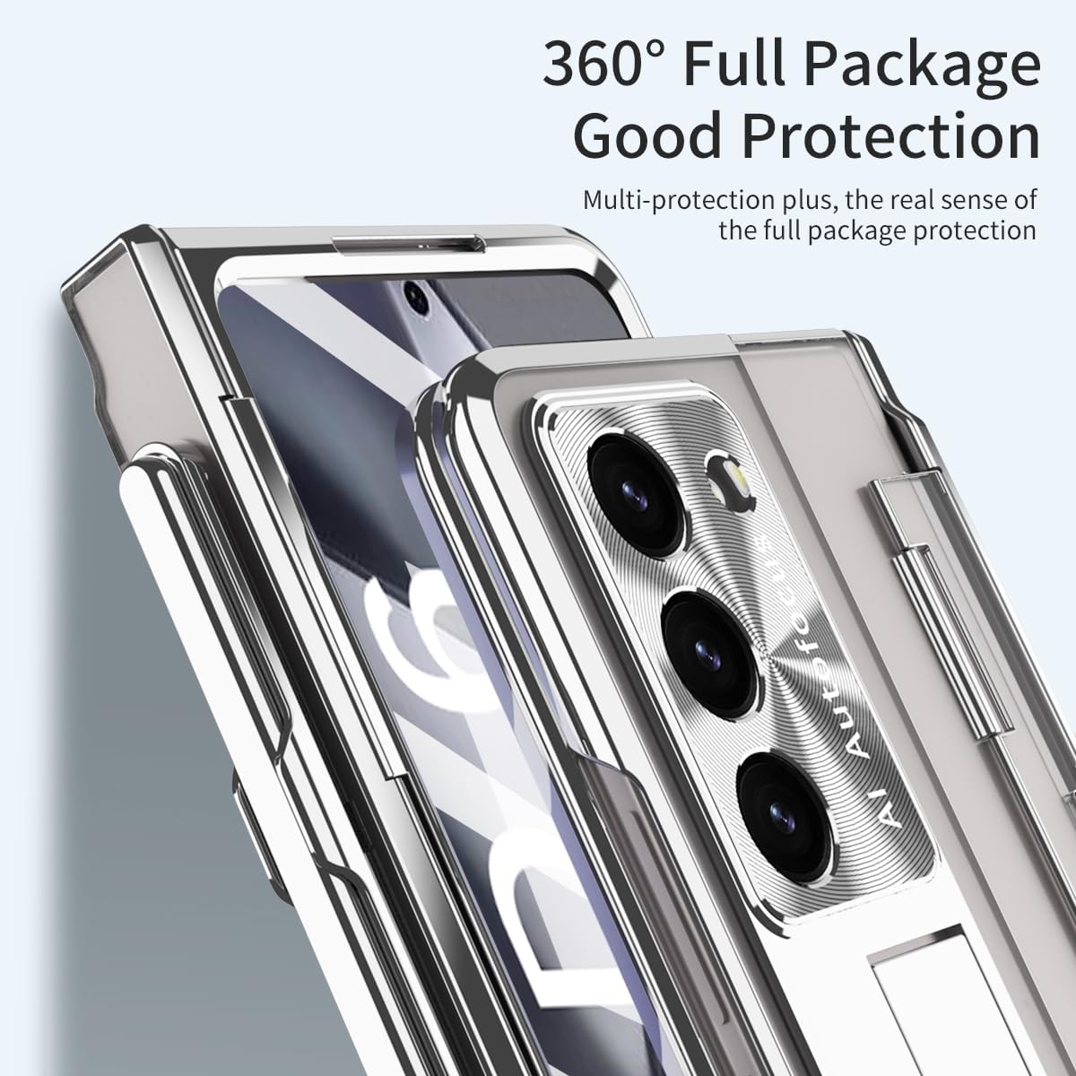 Clear Case for Samsung Galaxy Z Fold 6 5G,Luxury Electroplated Transparent Phone Case W Screen Protector&Kickstand&Pen Holder&Wireless Charging,Full Cover Hinge Protection Shockproof Case (Silver)