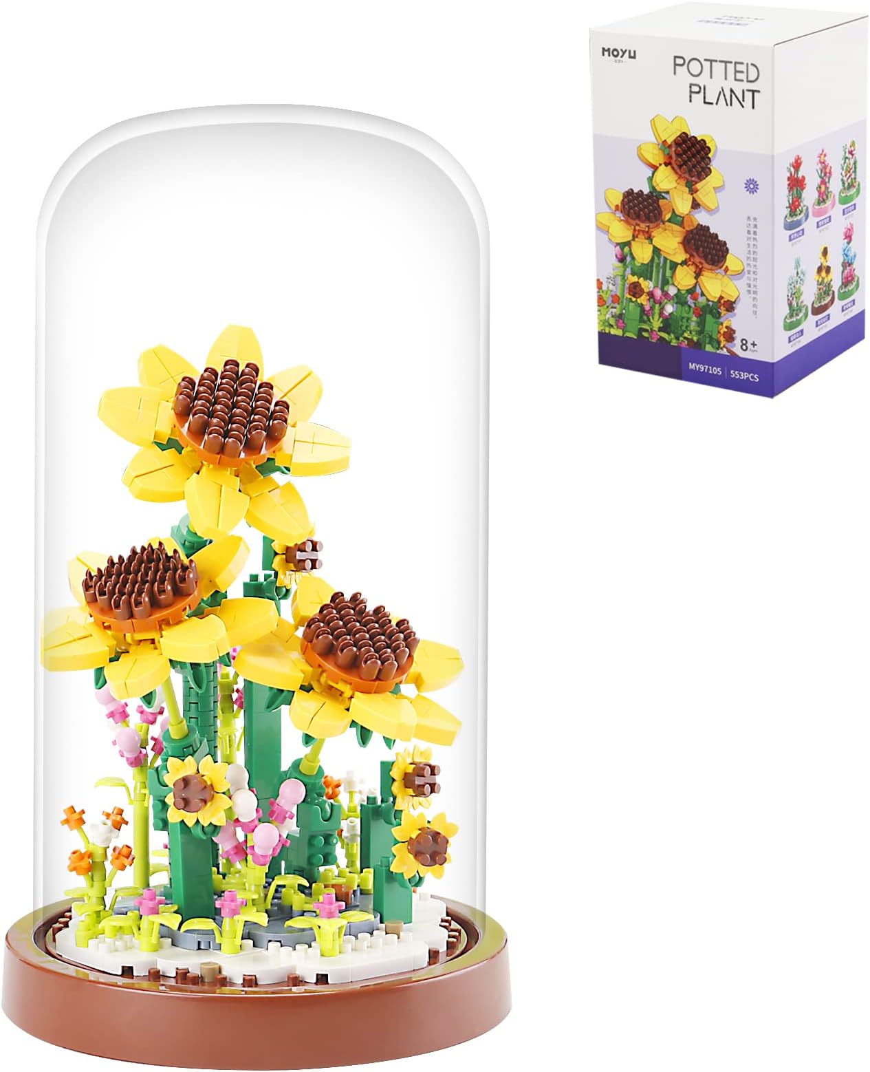 553PCS Micro Mini Blocks Sunflowers Bonsai Tree Building Blocks Toy Set,Romantic Immortal Sun Flower Bouquet Building Blocks with a Transparent Display Box, Ideas for 8+ Kids or Adults