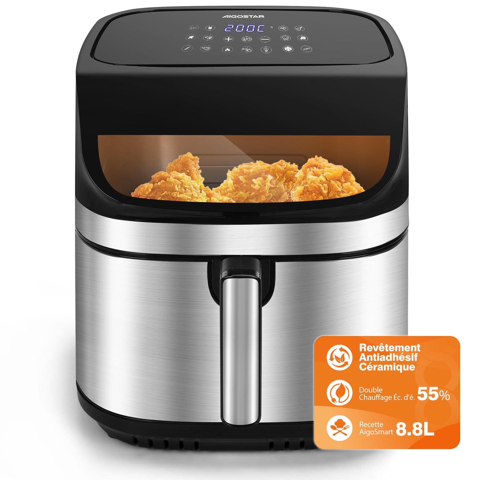 Aigostar Friggitrice ad Aria XXL 8,8 Litri, Air Fryer Doppia Resistenza, Risparmio Energetico 55%, 13 Programmi, Interno Acciaio Inox, Touchscreen & Finestra, Comunità Ricette, 2200W, Nero