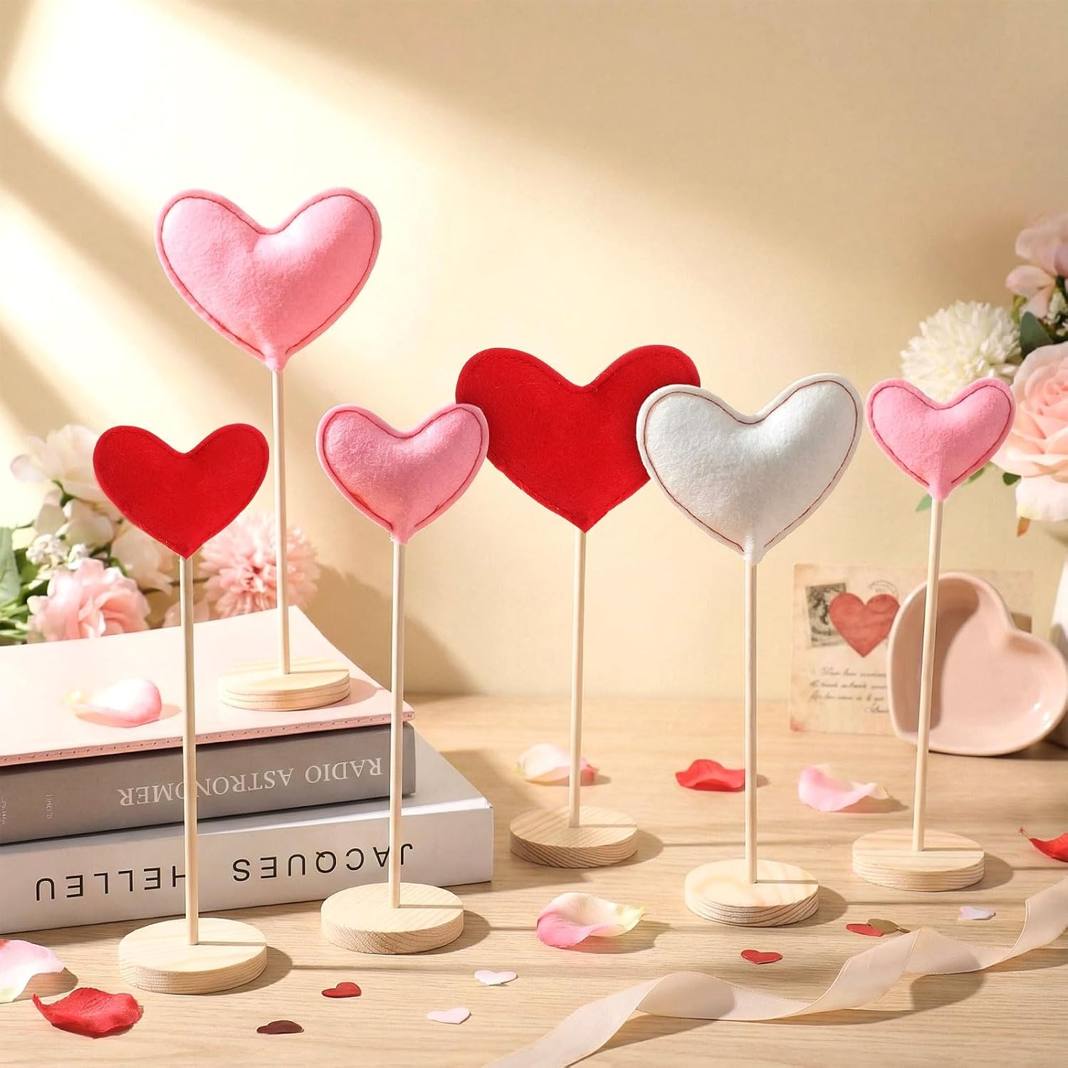 Bucherry 8 Pack Valentine's Day Fabric Tall Standing Heart Block Set Hearts Table Centerpiece Wood Sign Valentine Standing Blocks Tiered Tray Decoration for Farmhouse Home Office(Pink Valentine)