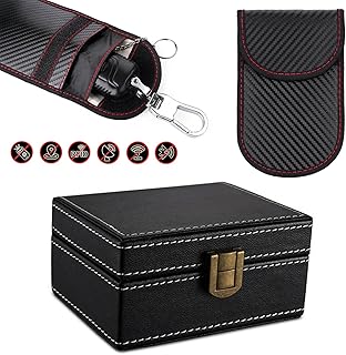 Faraday Box for Car Keys Anti Theft Car Key Box RFID Signal Blocking Box Faraday Key Fob Protector Box Leather Signal Blocker Box for Car Keys (1 Box + 2 Faraday Bag)