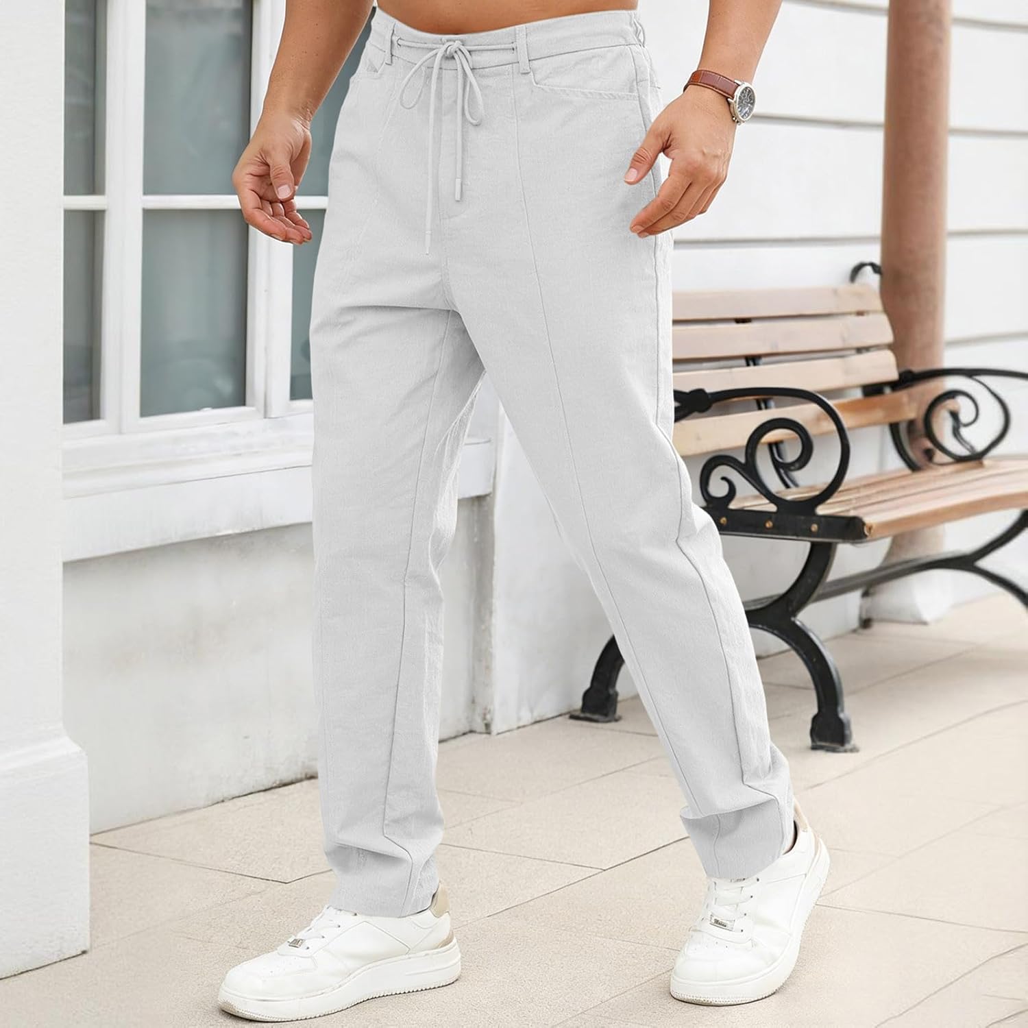 Cotton Linen Pants Mens Summer Baggy Loose Fit Casual Pant Relaxed Fit Elastic Waist Drawstring Trousers Beach Outfit - Image 3