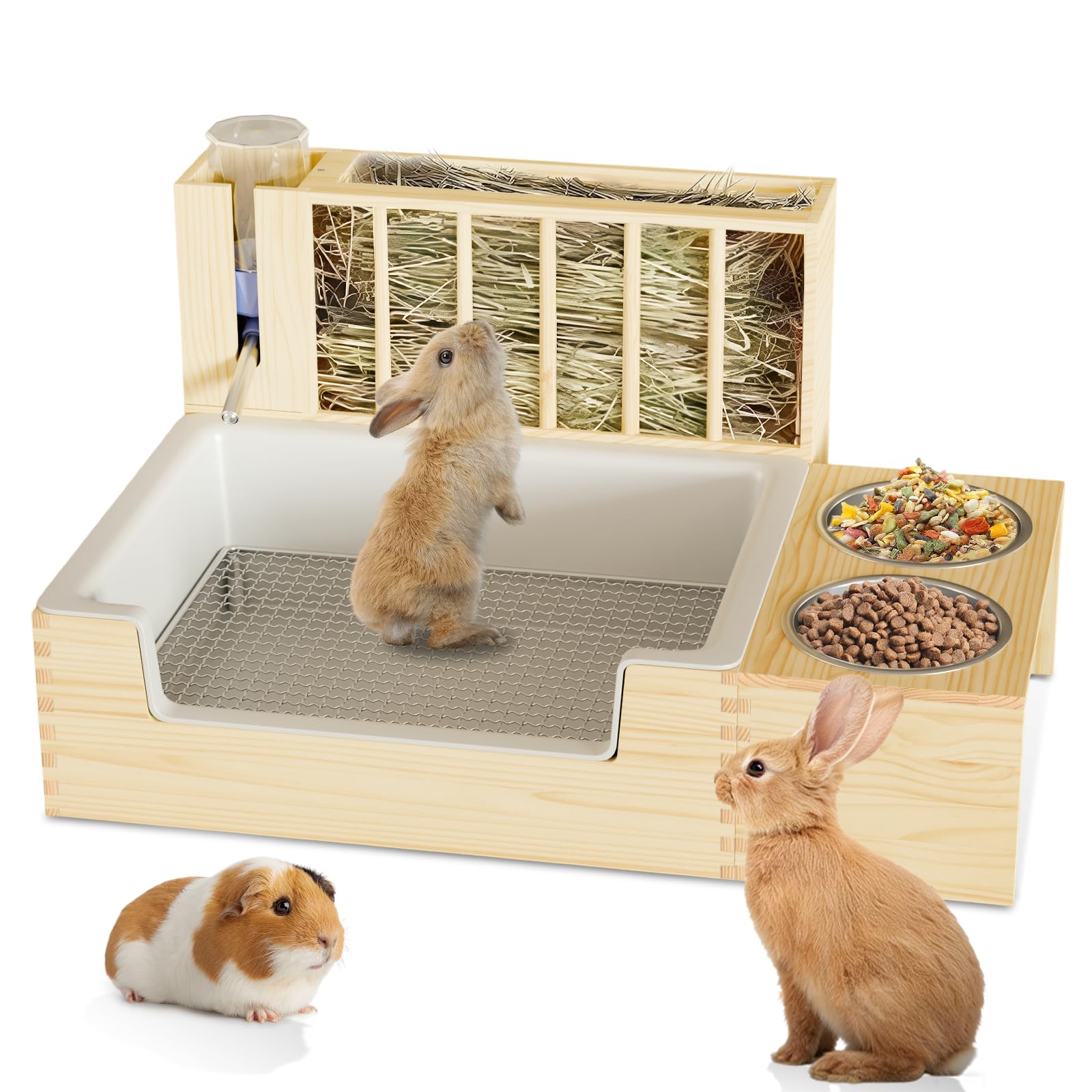 4-in-1 Waterproof Wooden Rabbit Litter Box with Hay Feeder, 2 Food Bowls, and Water Bottle | Large Capacity, Waste-Preventing Design for Rabbits, Guinea Pigs, Chinchillas, and Small Animals