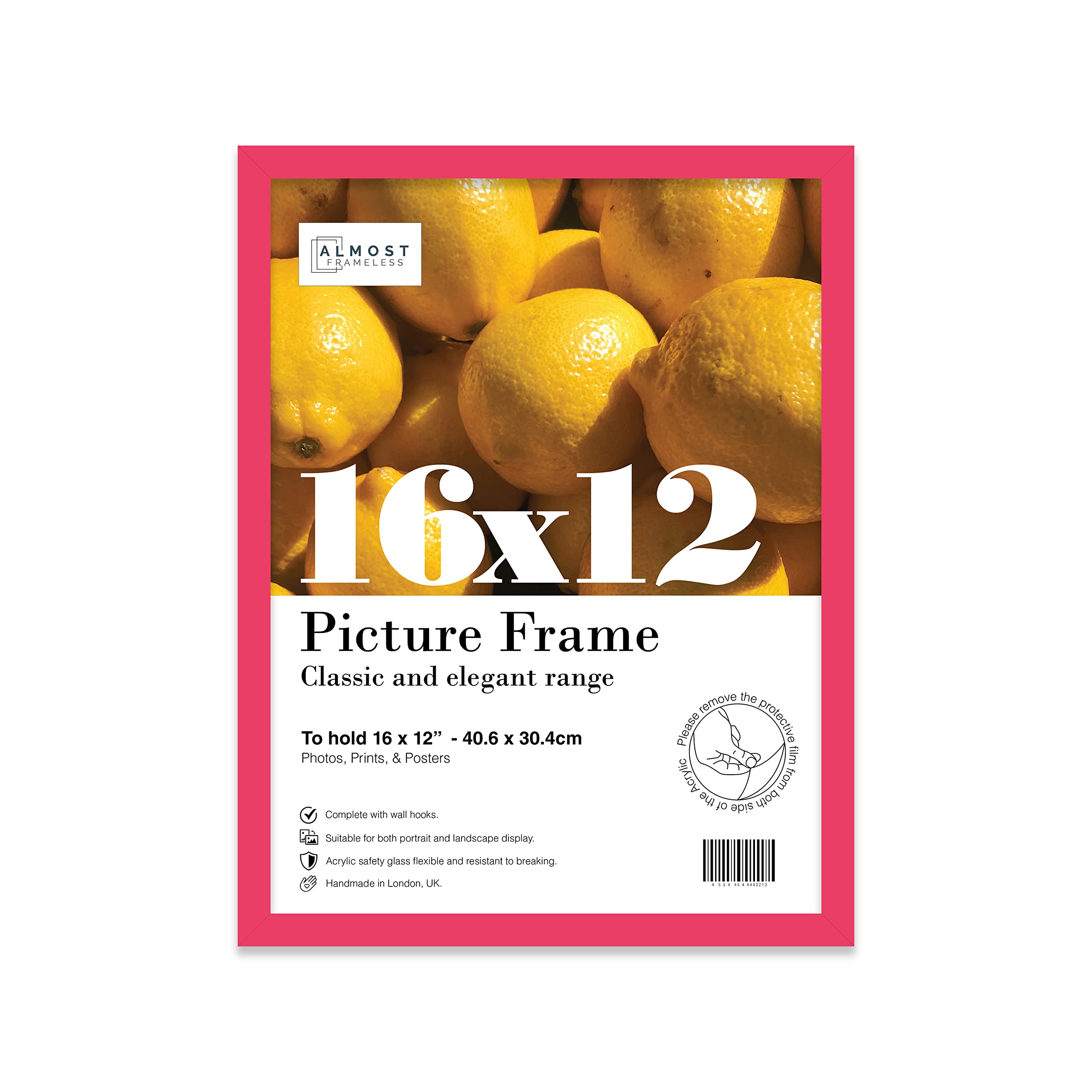 Almost Frameless 16x12 Bright Pink Picture Frame 16"x12"(40.6x30.5cm) Poster, Photo, Artwork, or Print. Thin Edge Slim Frame Portrait and Landscape Display with Wall Hooks