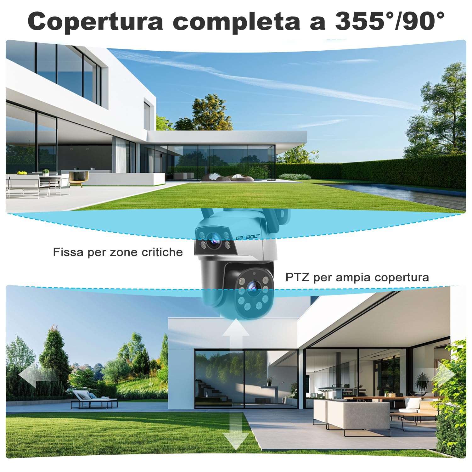 GENBOLT Telecamera Wi-Fi Esterno, Videocamera Sorveglianza a Doppia Lente | 2,4/5GHz, Rilevamento e Tracciamento di Persone, PTZ, Registrazione 24/7, Audio Bidirezionale, Visione Notturna a Colori,IP66