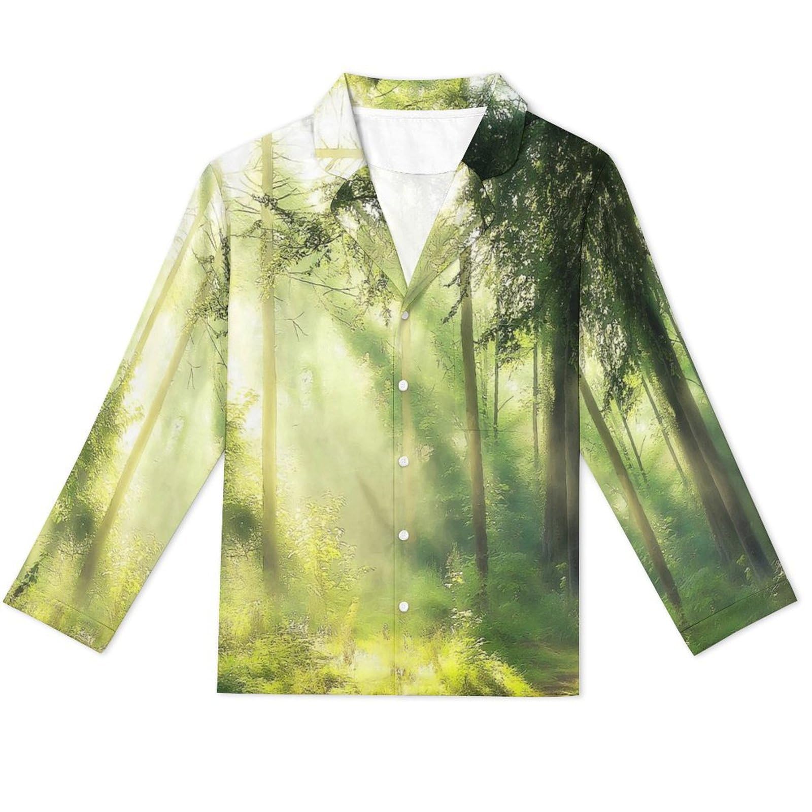 OLEETS Pigiama A Maniche Lunghe da Uomo - Foresta Verde Completo da Notte Pantaloni Caldo Invernale Comodo con Tasche Top Morbido E Ampio 2 Pezzi