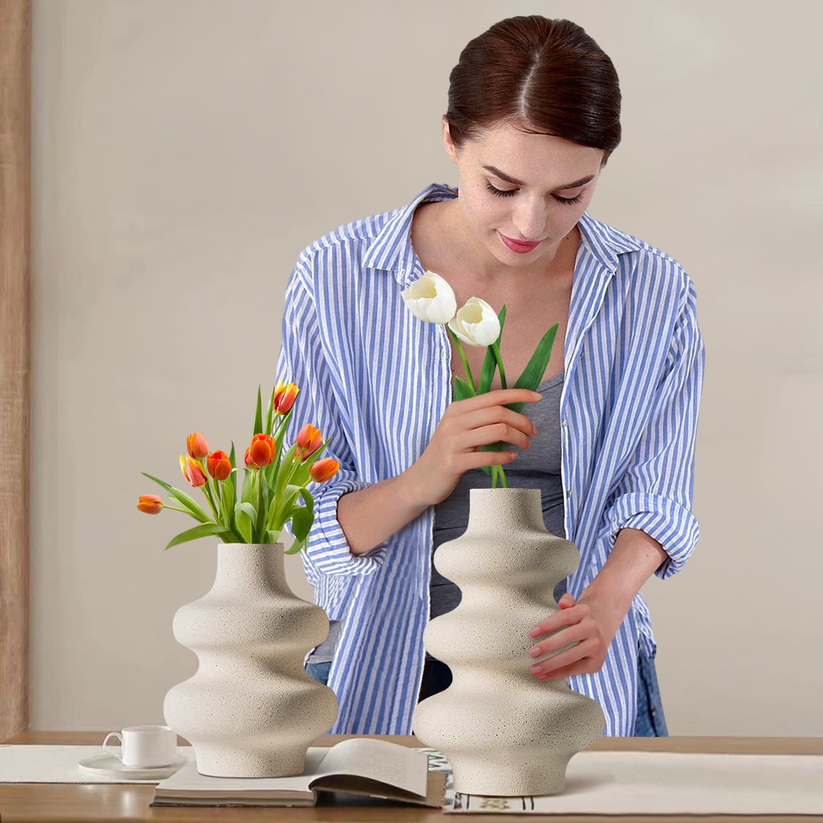 hjn Keramische vaas - Bloemenvaas voor middenstukken, Boho vaas voor woondecoratie, boerderij witte vazen voor decor accenten, woonkamer/boekenplank/schoorsteen/modern - witte textuur (groot