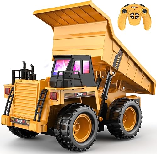 kolegend Camión volquete de juguete con control remoto con efecto de luces y sonidos, vehículos de construcción RC de 9 canales, camiones de regalo