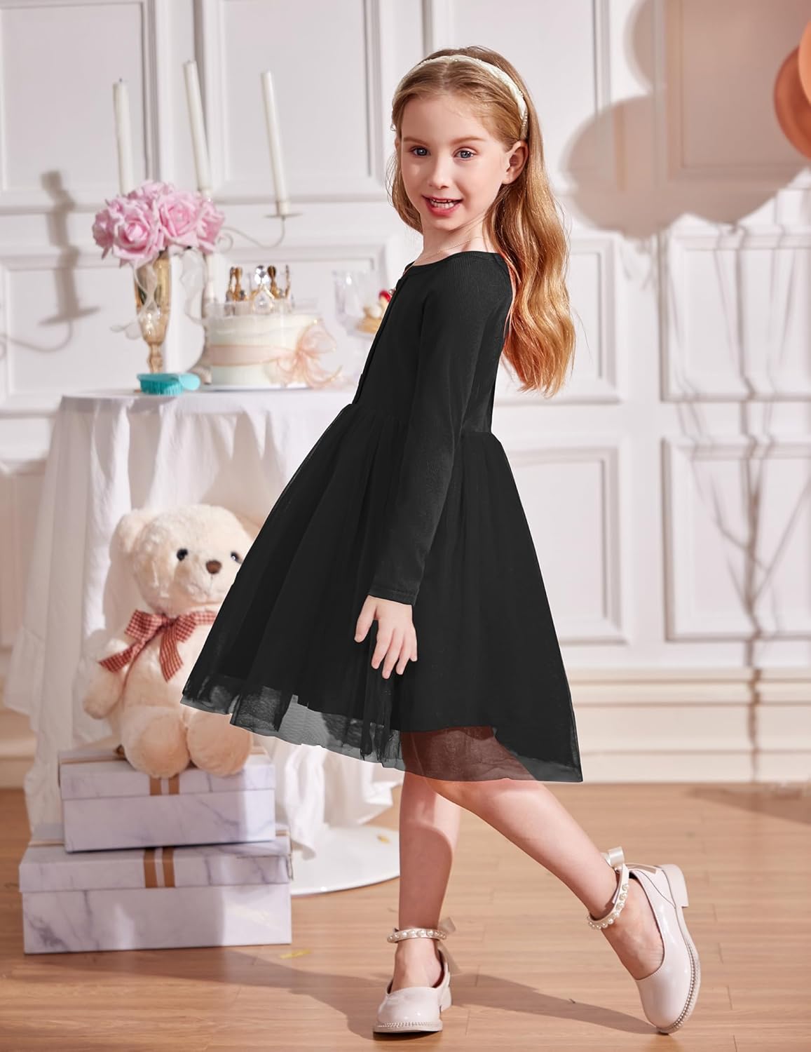 Arshiner Toddler Girls Tutu Dress Long Sleeve Fall Winter Button Front Party Tulle Dresses 2-8Y - Image 5
